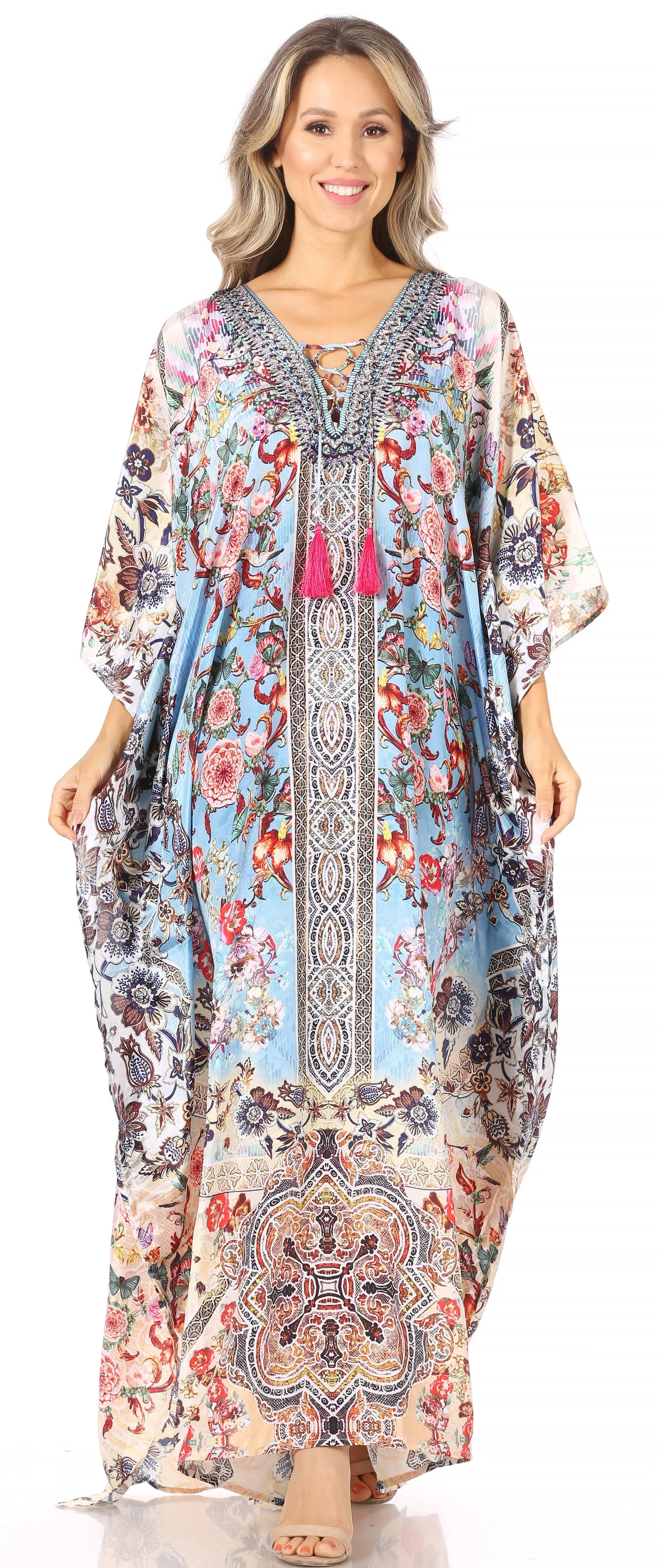 Sakkas Georgettina Flowy Rhinestone V Neck Long Caftan Dress/Cover Up