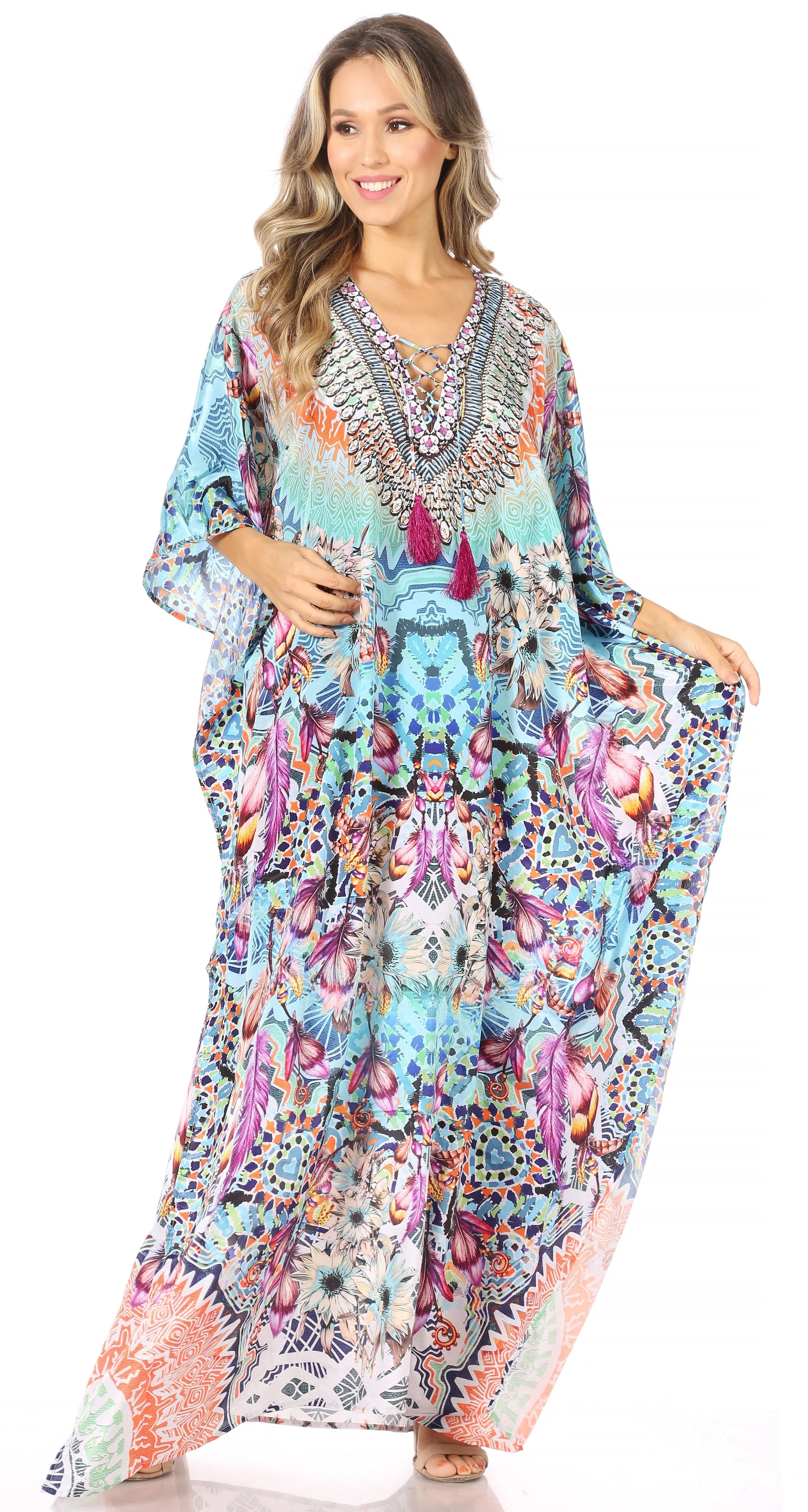 Sakkas Georgettina Flowy Rhinestone V Neck Long Caftan Dress/Cover Up