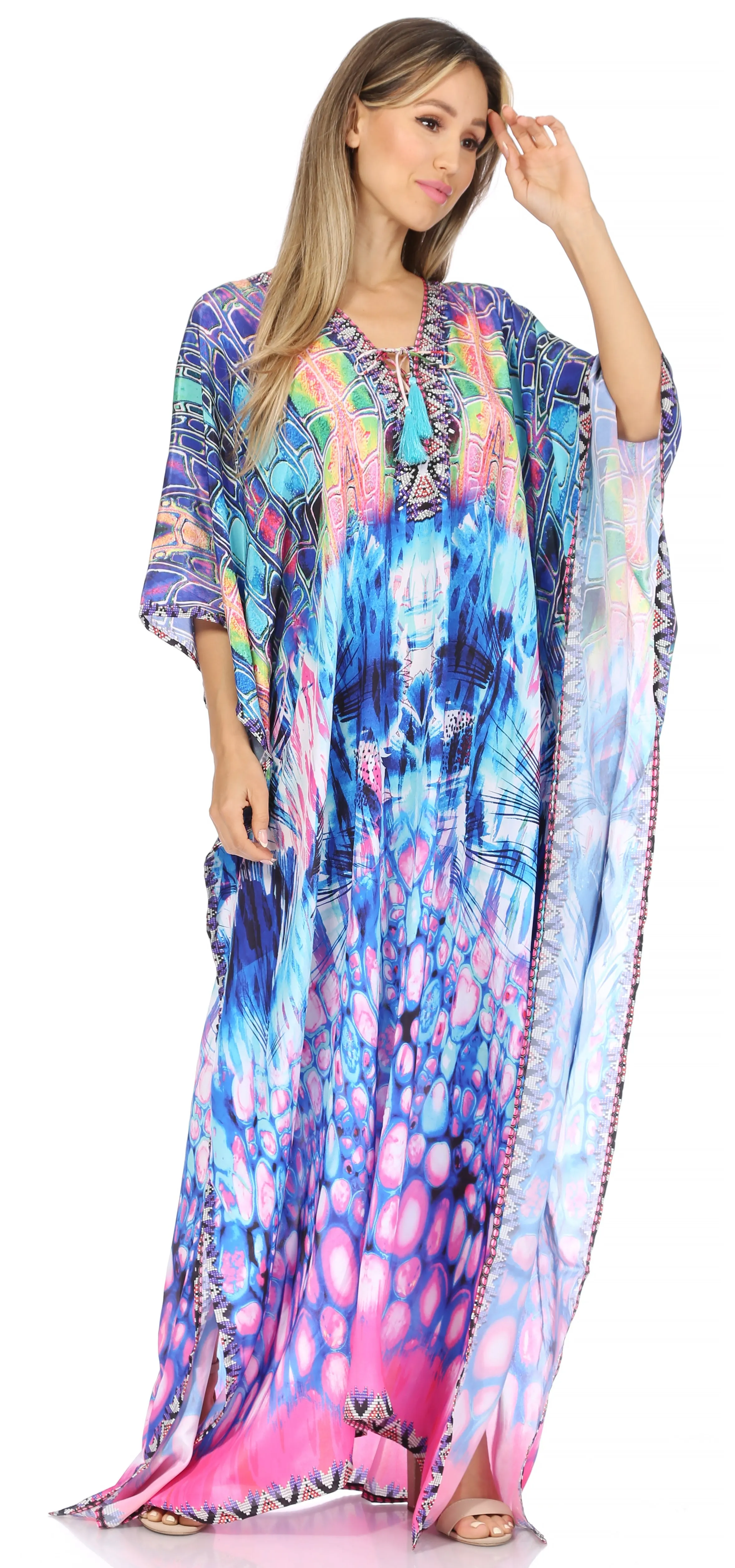 Sakkas Georgettina Flowy Rhinestone V Neck Long Caftan Dress/Cover Up