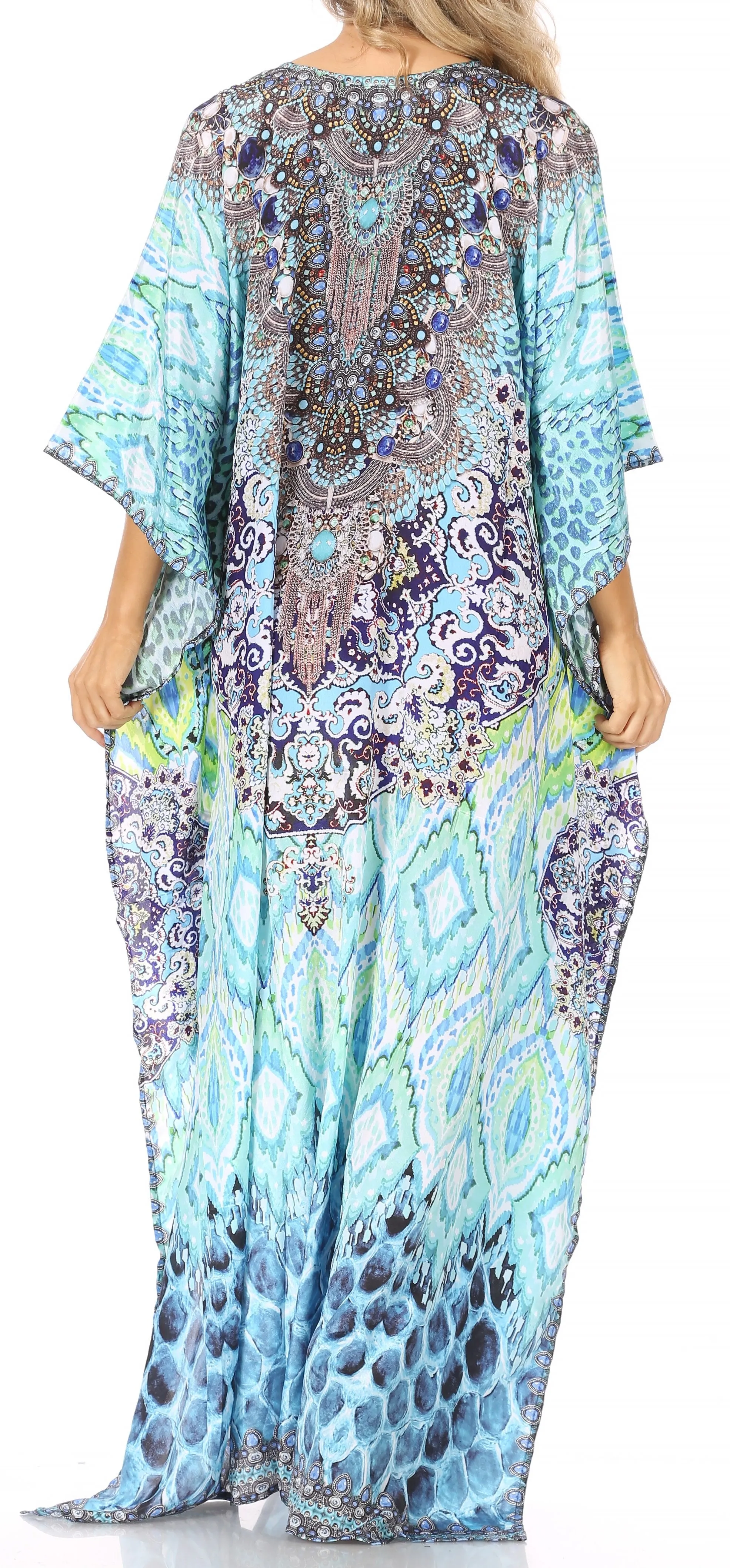 Sakkas Georgettina Flowy Rhinestone V Neck Long Caftan Dress/Cover Up