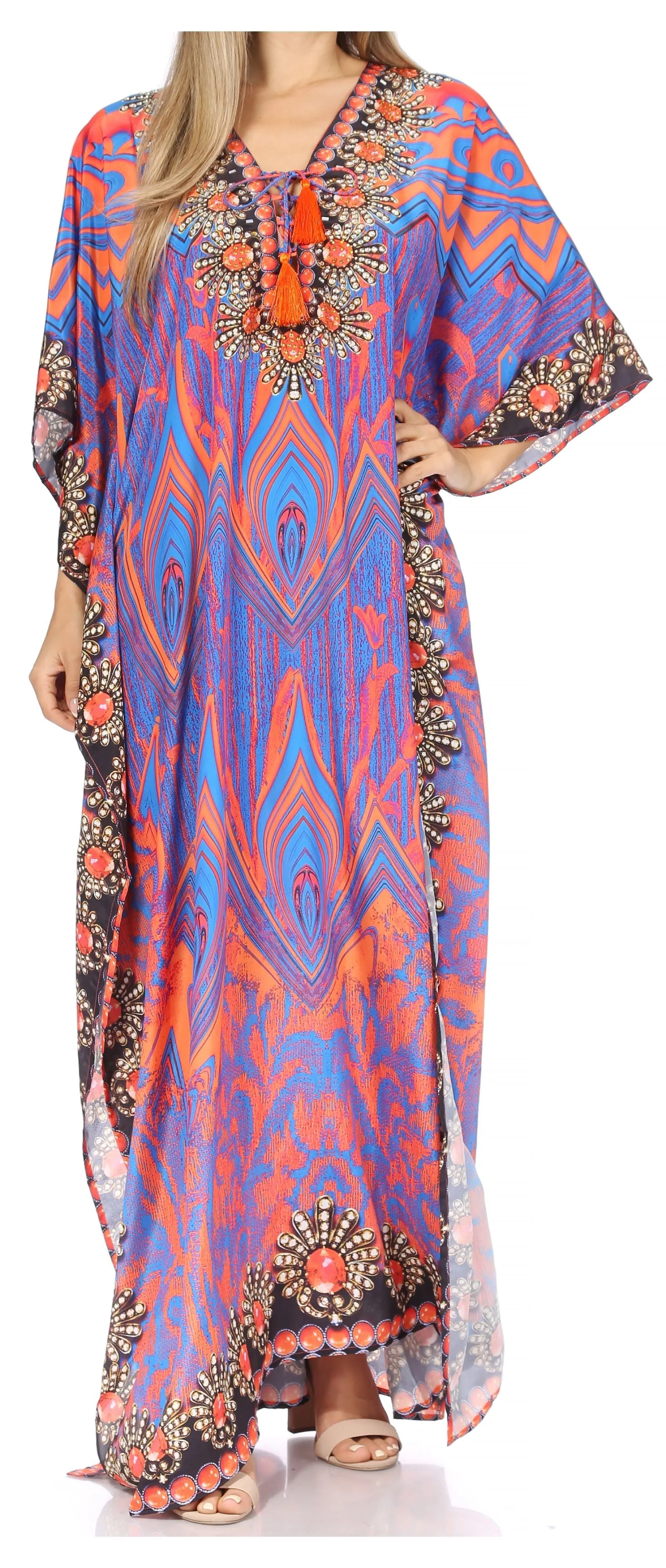 Sakkas Georgettina Flowy Rhinestone V Neck Long Caftan Dress/Cover Up