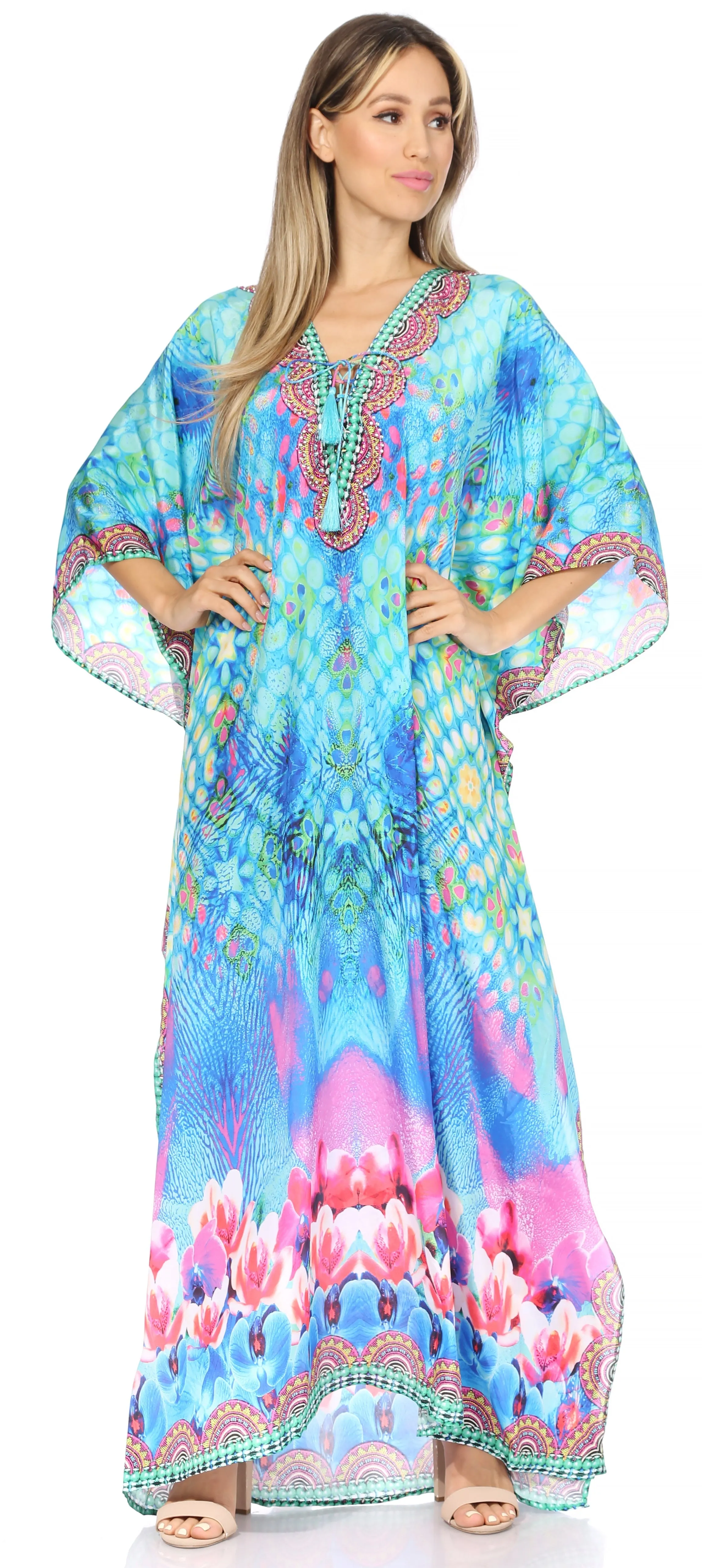 Sakkas Georgettina Flowy Rhinestone V Neck Long Caftan Dress/Cover Up