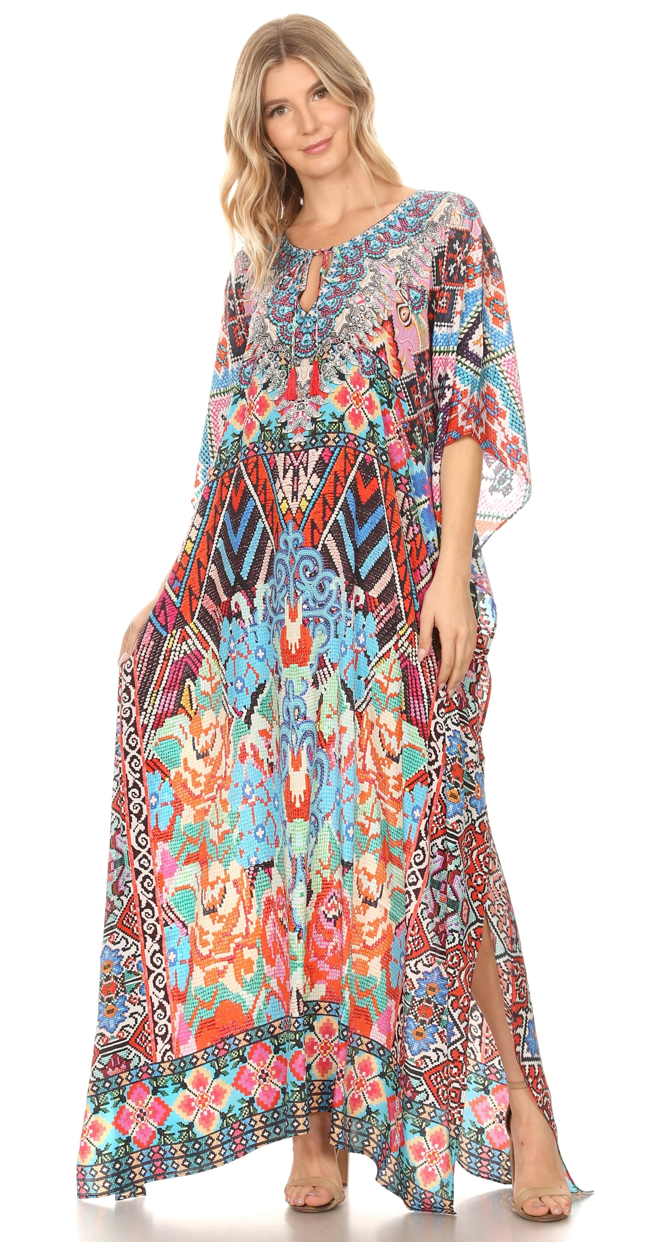 Sakkas Georgettina Flowy Rhinestone V Neck Long Caftan Dress/Cover Up