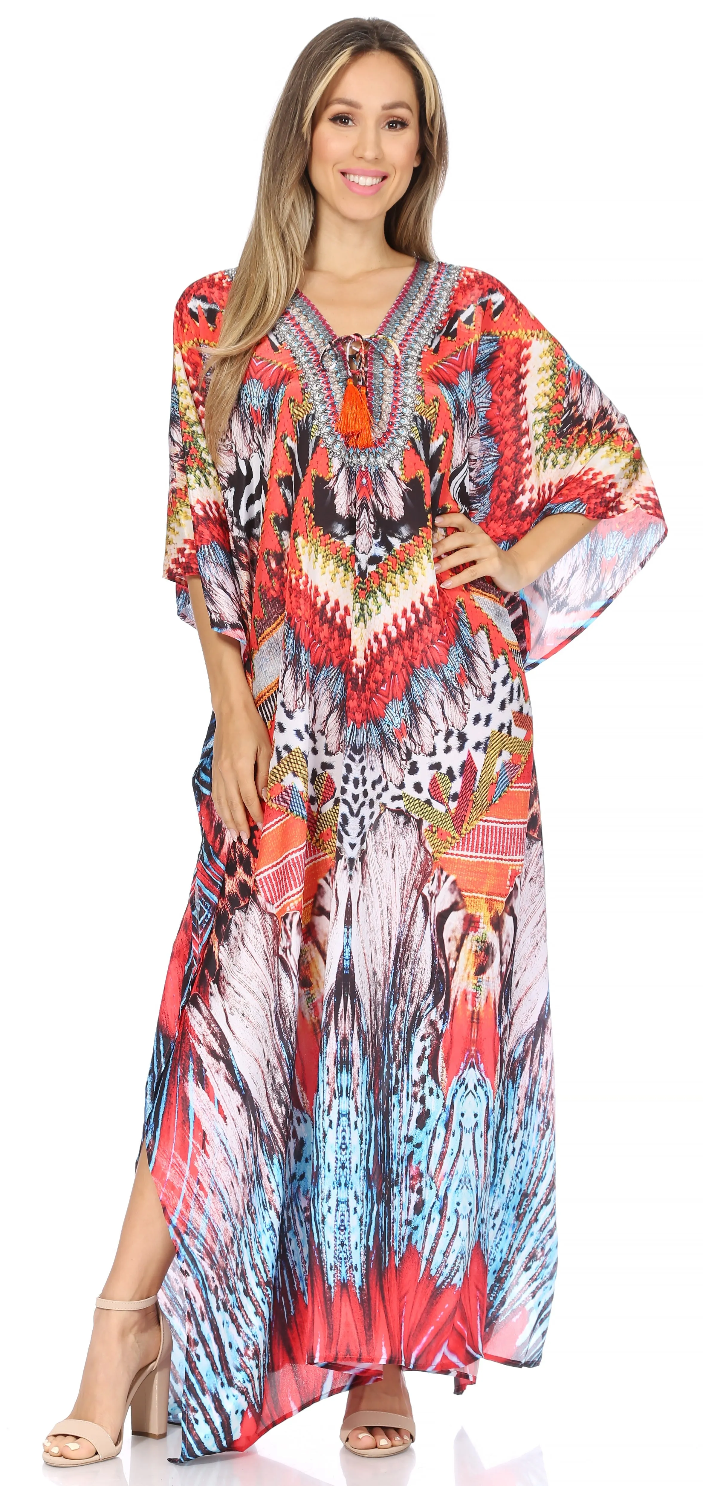 Sakkas Georgettina Flowy Rhinestone V Neck Long Caftan Dress/Cover Up