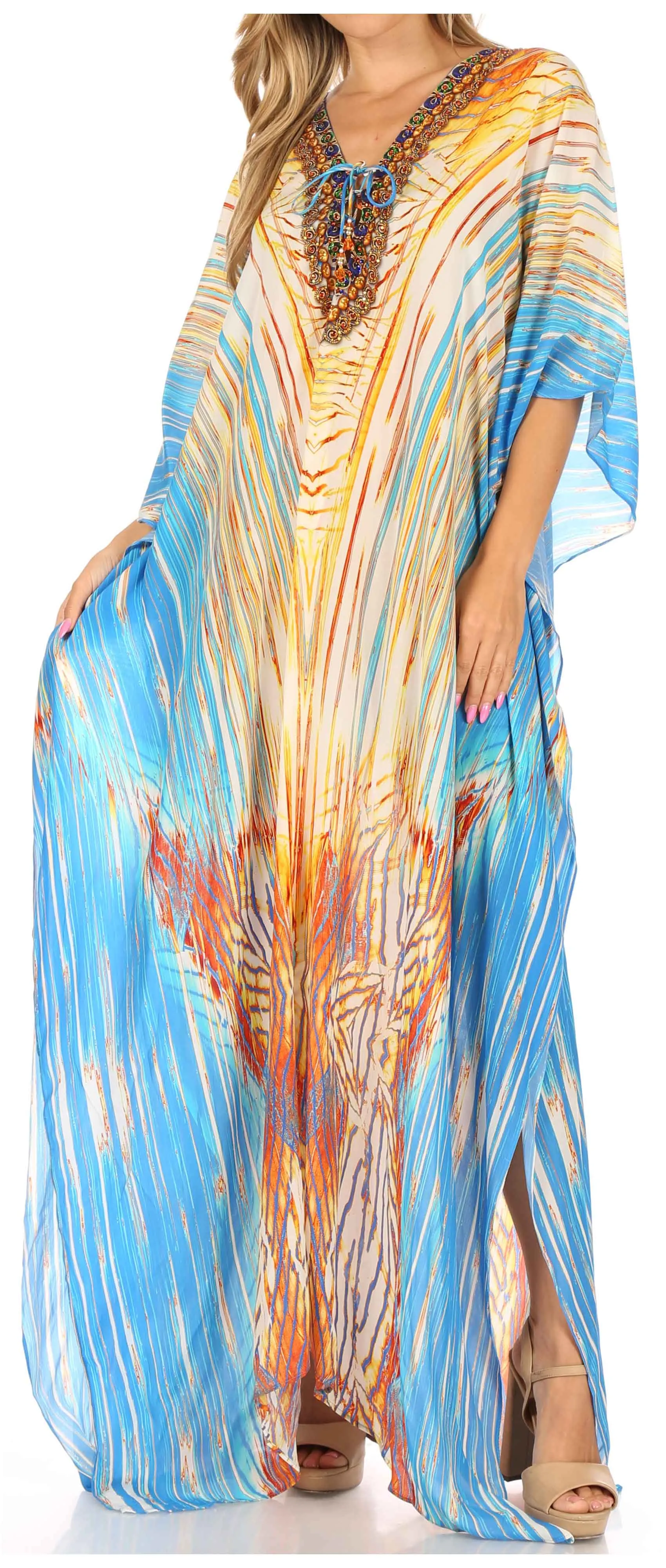 Sakkas Georgettina Flowy Rhinestone V Neck Long Caftan Dress/Cover Up