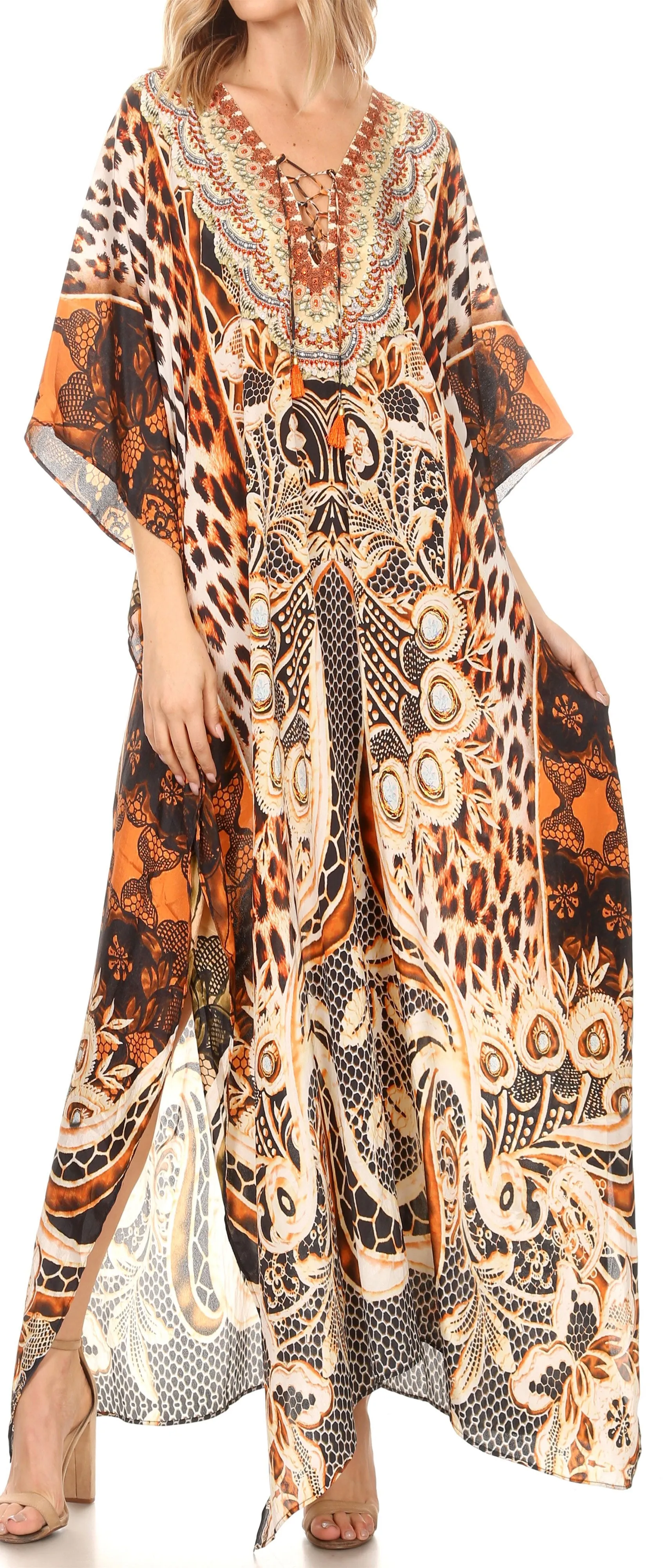 Sakkas Georgettina Flowy Rhinestone V Neck Long Caftan Dress/Cover Up