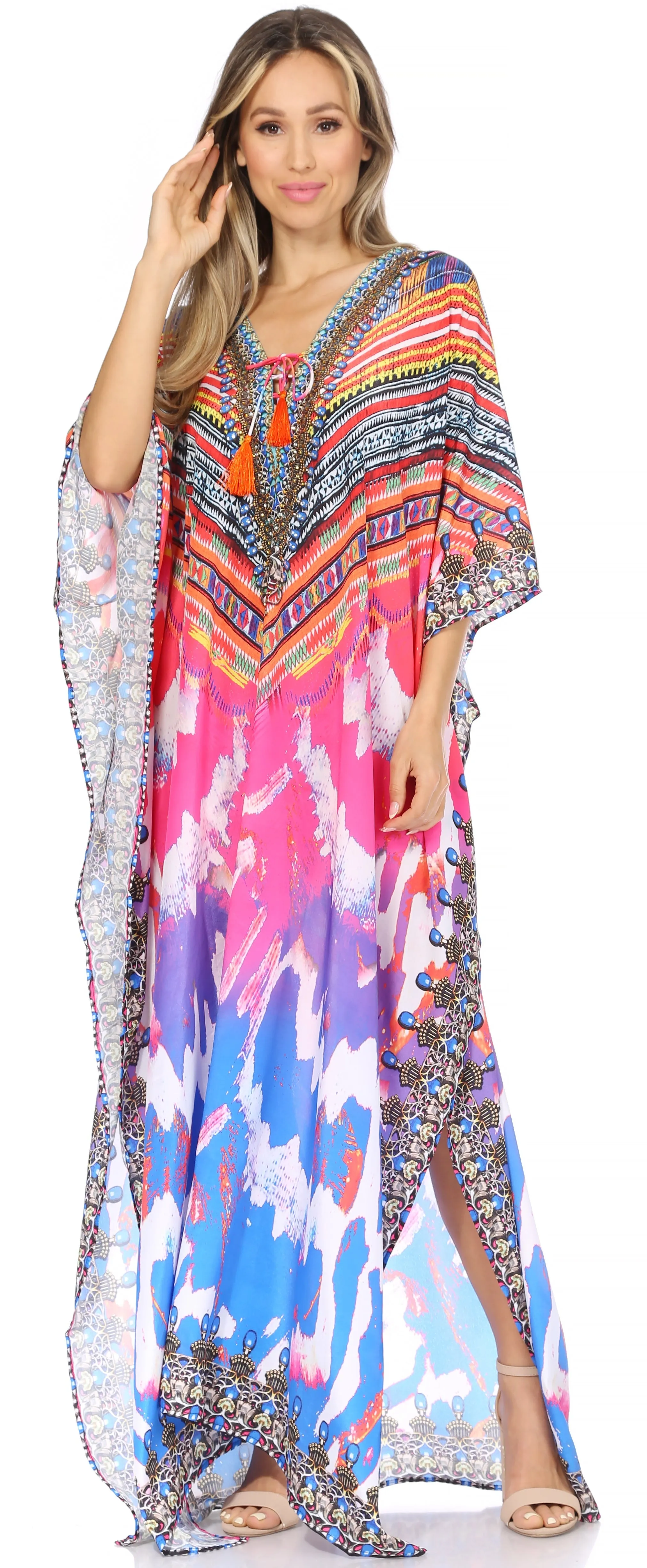 Sakkas Georgettina Flowy Rhinestone V Neck Long Caftan Dress/Cover Up