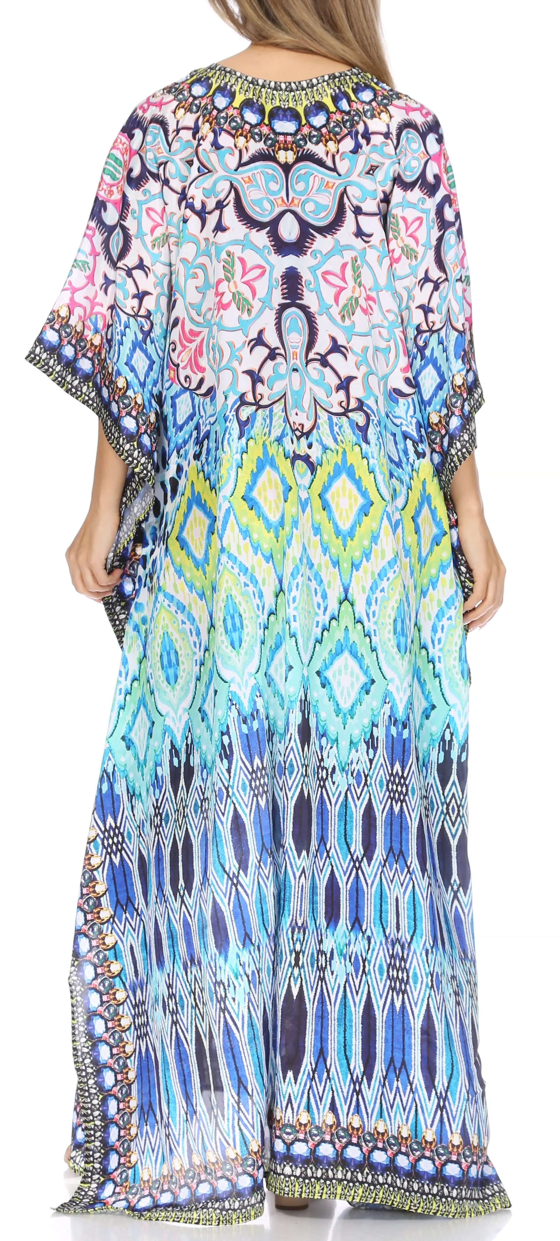 Sakkas Georgettina Flowy Rhinestone V Neck Long Caftan Dress/Cover Up