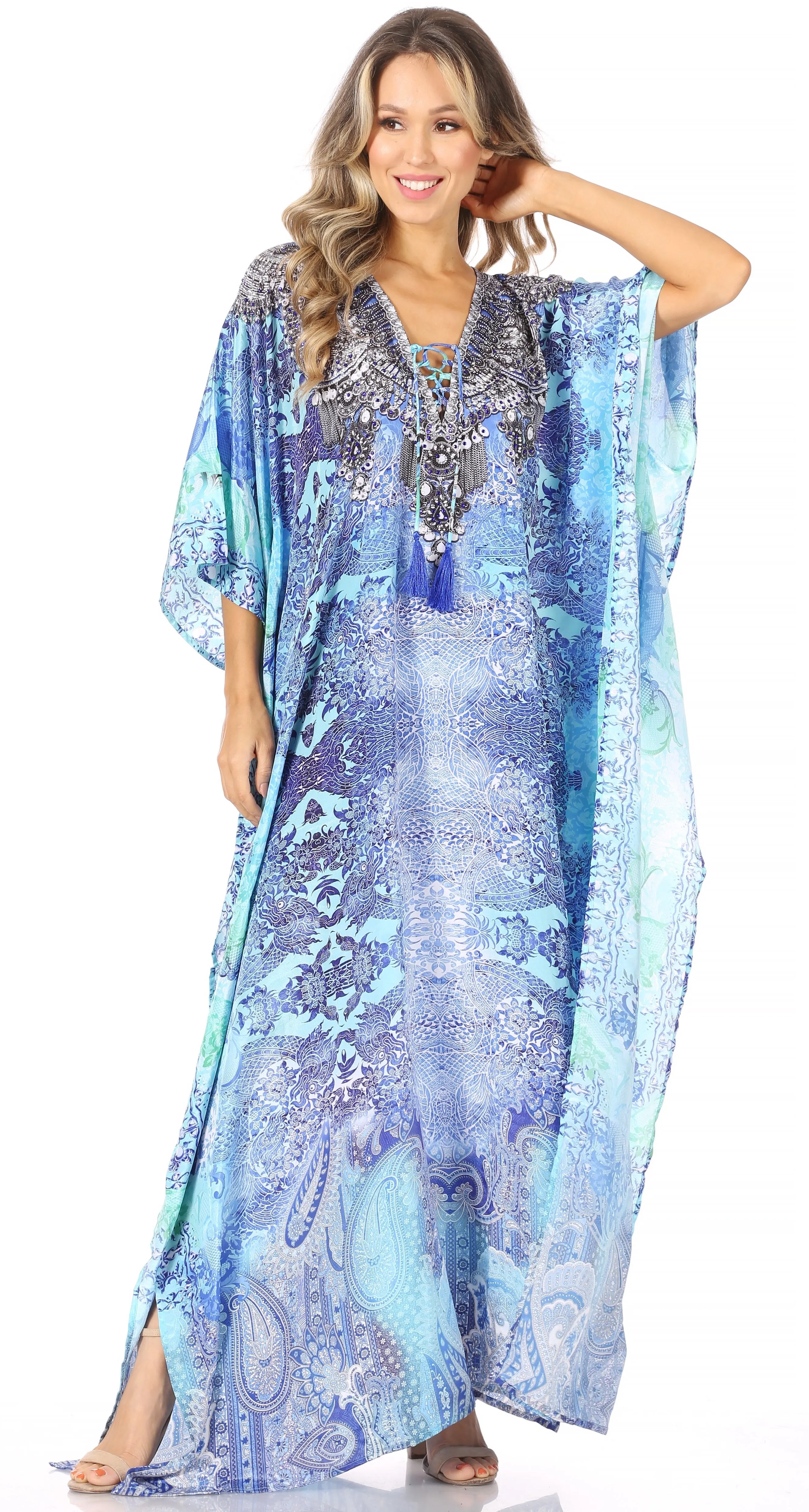 Sakkas Georgettina Flowy Rhinestone V Neck Long Caftan Dress/Cover Up