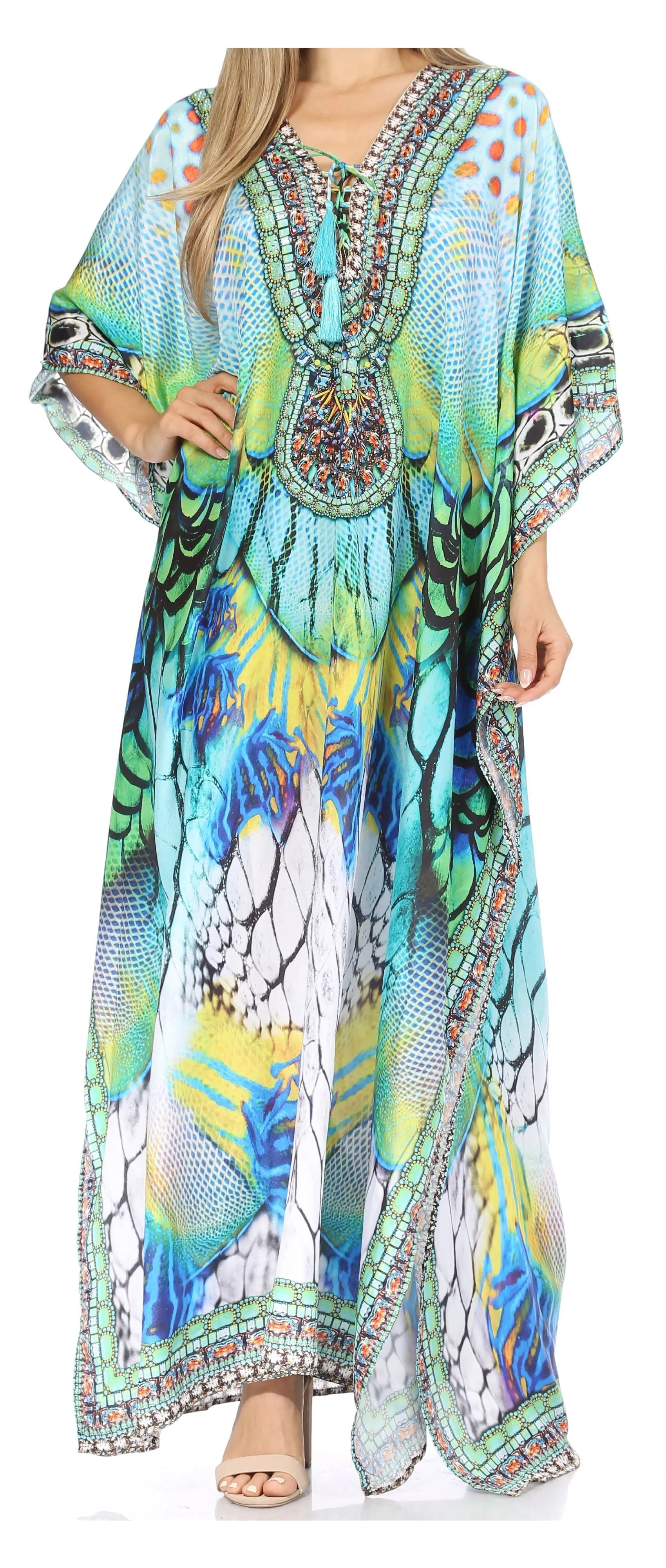 Sakkas Georgettina Flowy Rhinestone V Neck Long Caftan Dress/Cover Up