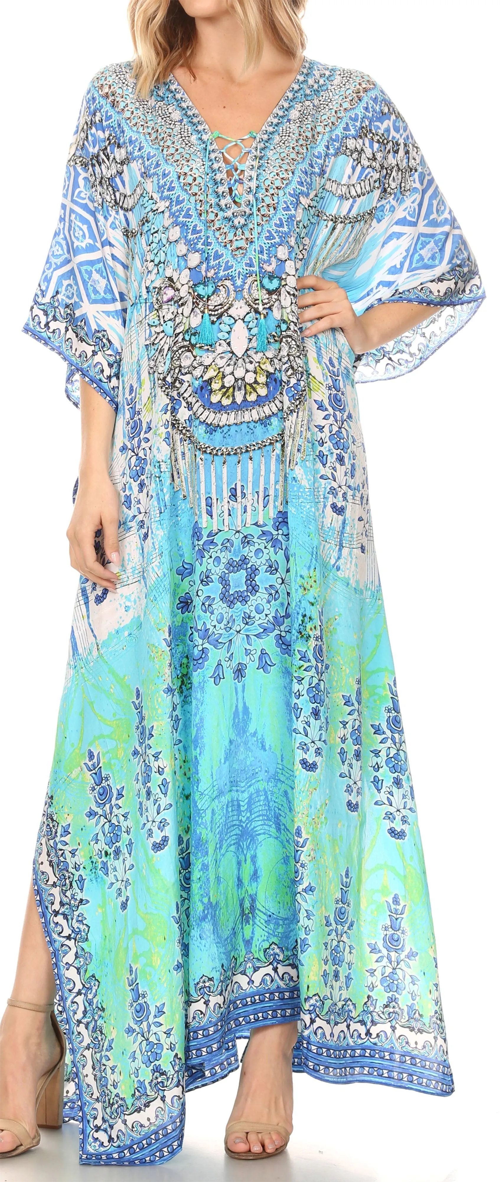 Sakkas Georgettina Flowy Rhinestone V Neck Long Caftan Dress/Cover Up