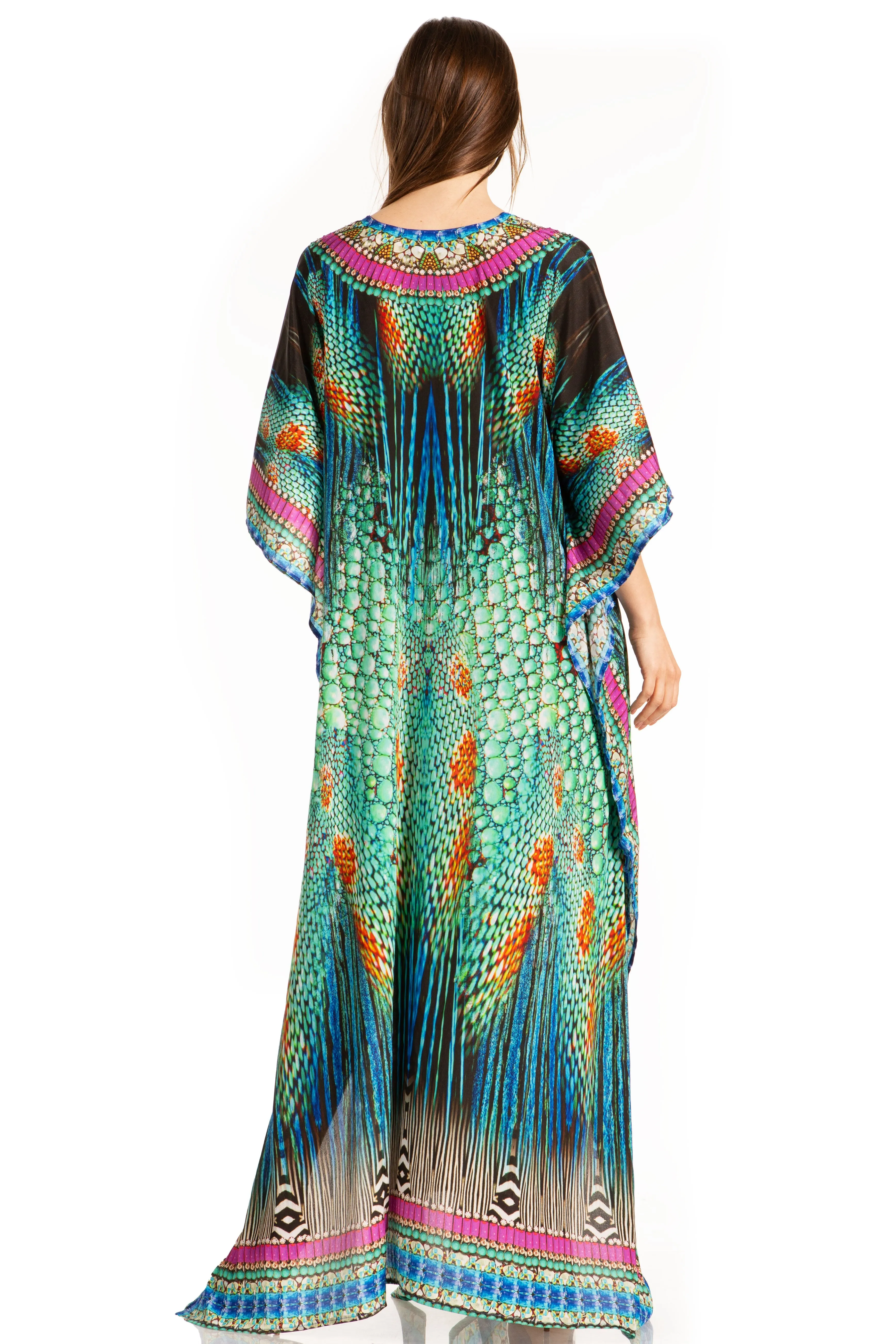 Sakkas Georgettina Flowy Rhinestone V Neck Long Caftan Dress/Cover Up