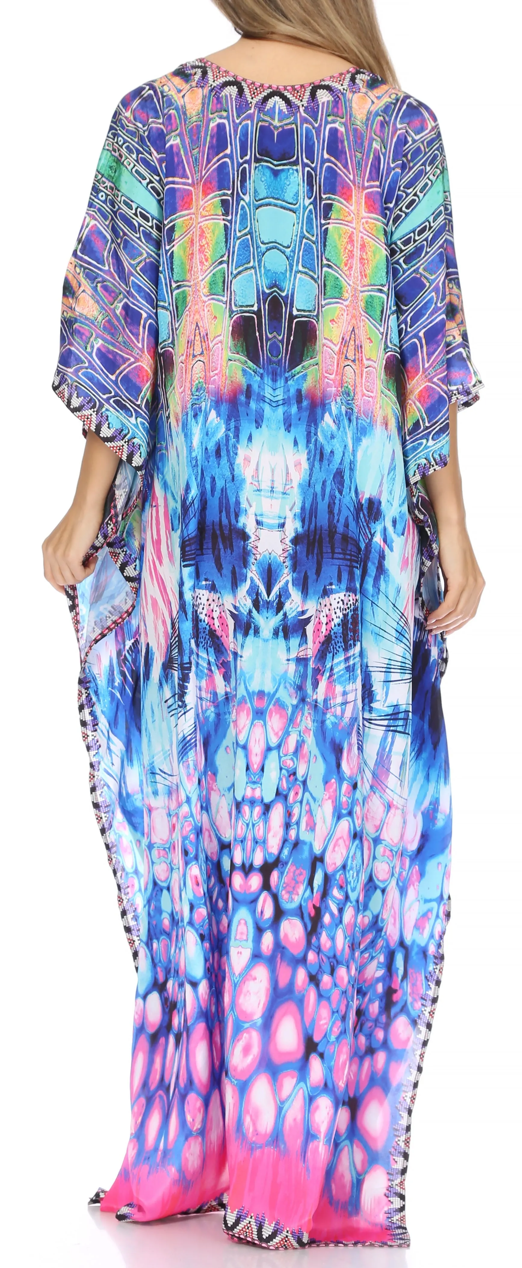 Sakkas Georgettina Flowy Rhinestone V Neck Long Caftan Dress/Cover Up