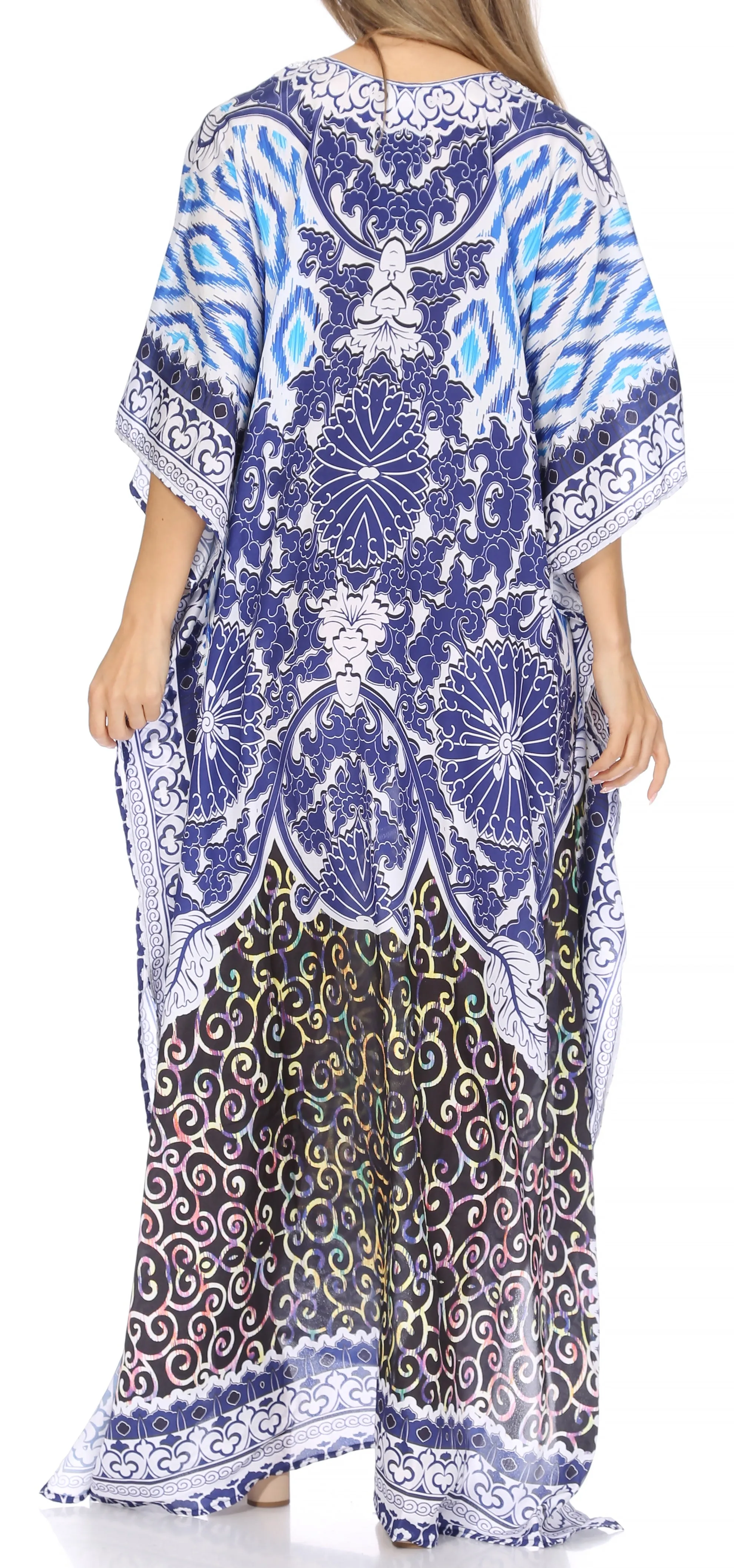 Sakkas Georgettina Flowy Rhinestone V Neck Long Caftan Dress/Cover Up