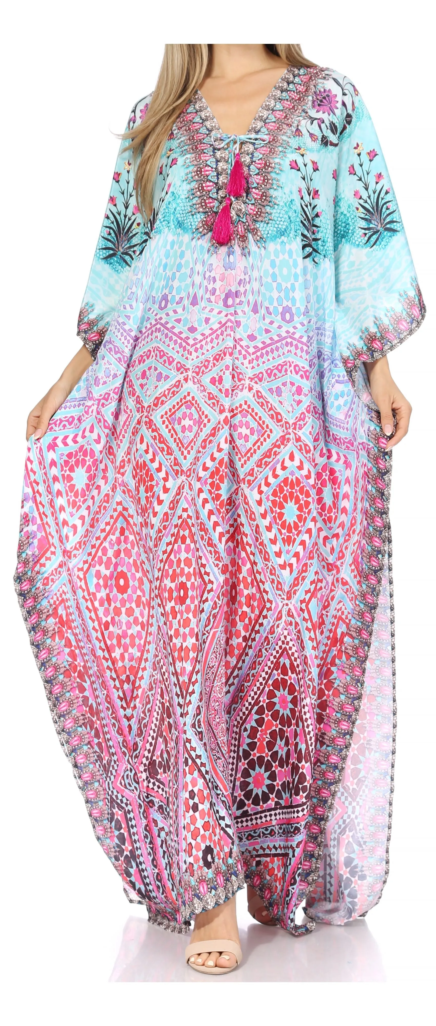 Sakkas Georgettina Flowy Rhinestone V Neck Long Caftan Dress/Cover Up