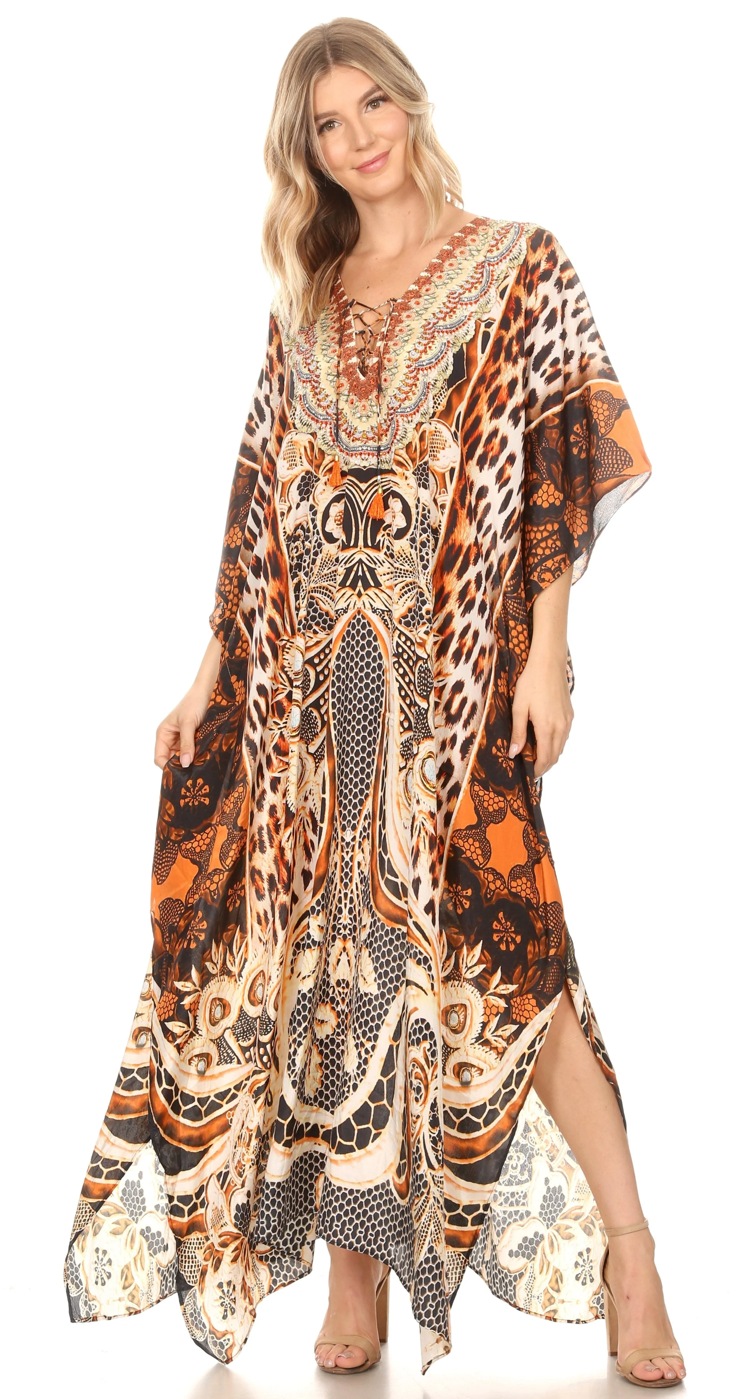 Sakkas Georgettina Flowy Rhinestone V Neck Long Caftan Dress/Cover Up