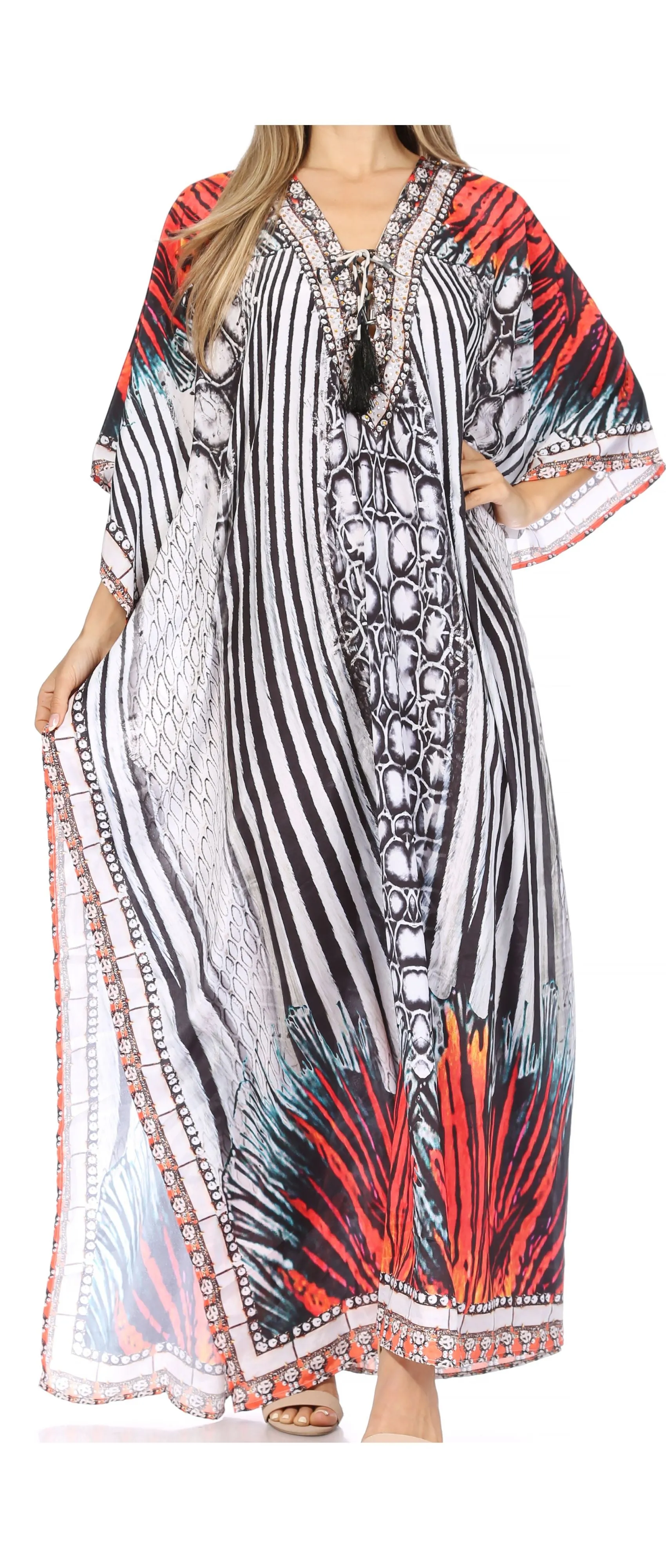 Sakkas Georgettina Flowy Rhinestone V Neck Long Caftan Dress/Cover Up