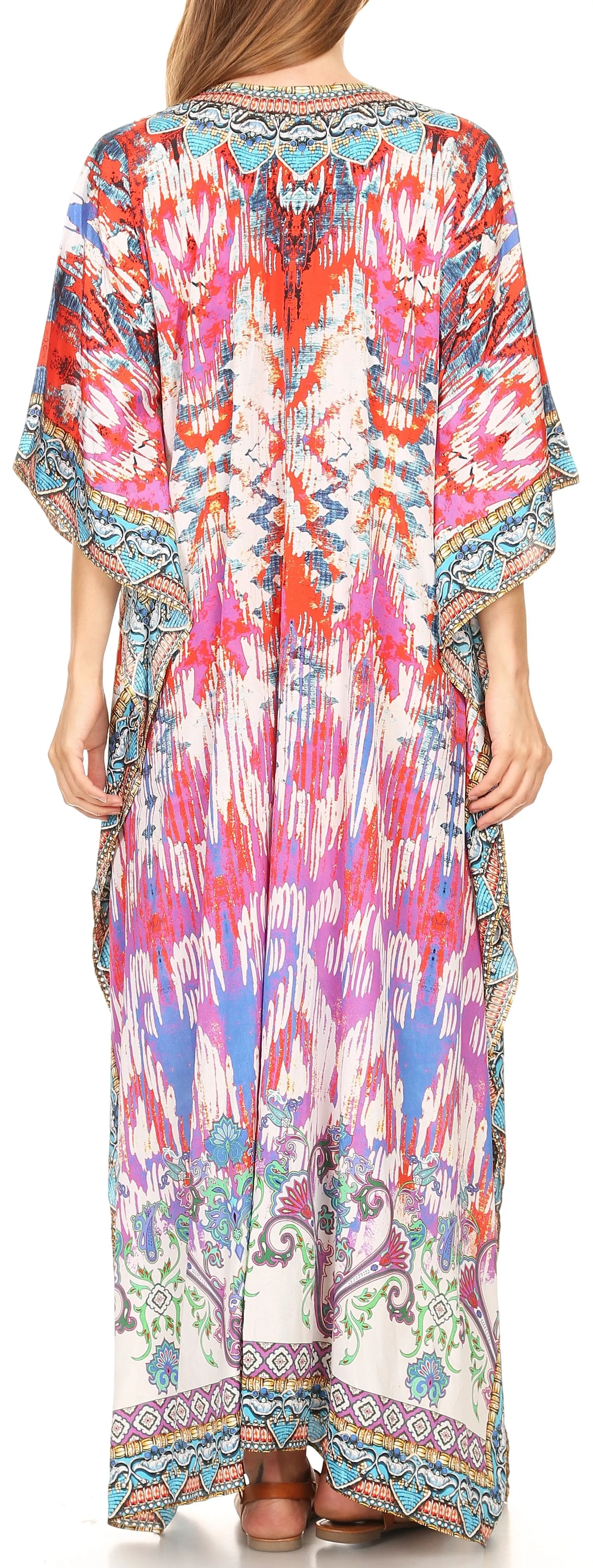 Sakkas Georgettina Flowy Rhinestone V Neck Long Caftan Dress/Cover Up