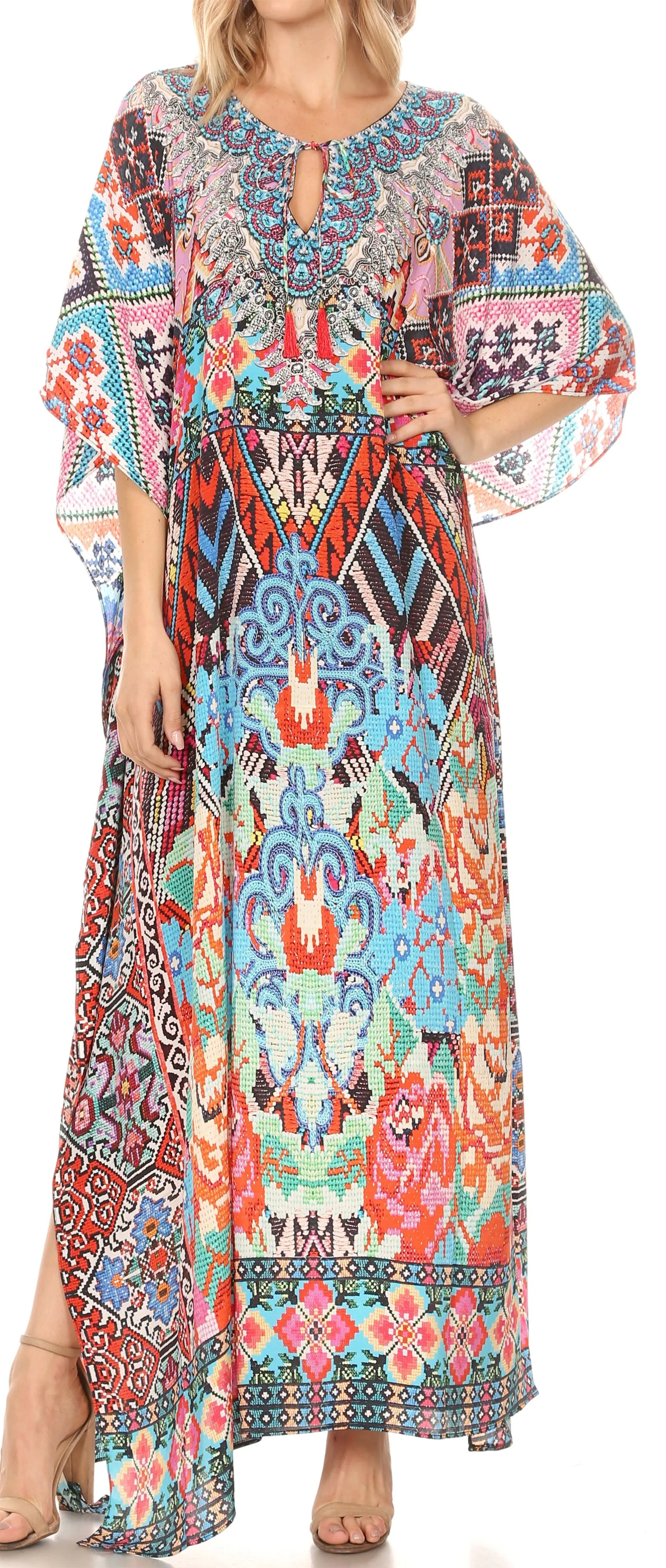 Sakkas Georgettina Flowy Rhinestone V Neck Long Caftan Dress/Cover Up