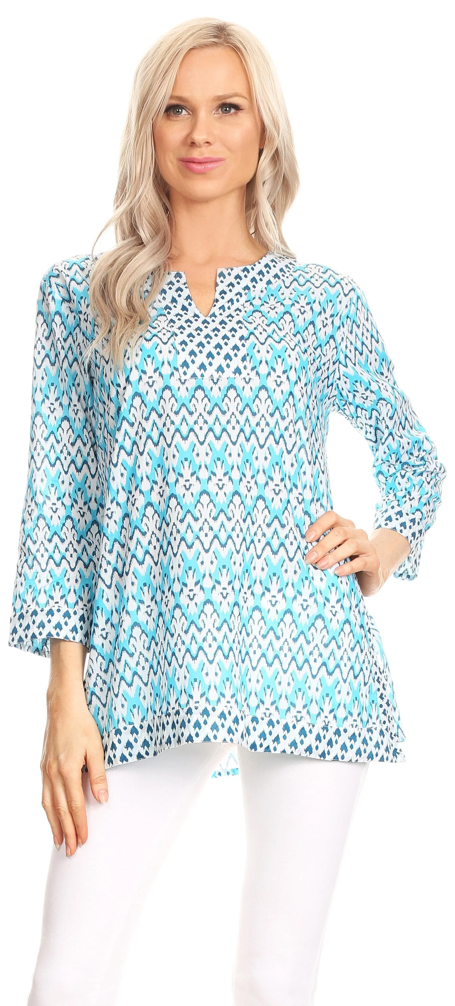 Sakkas Oana 3/4 Sleeve Split Neck Tribal Print Tunic