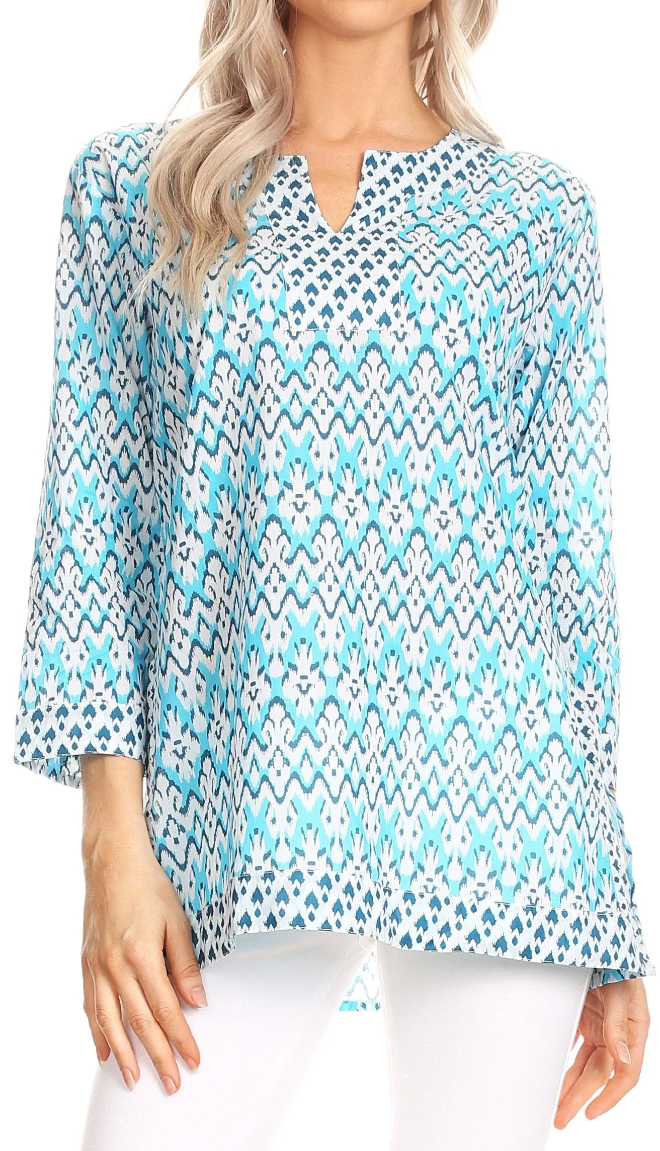 Sakkas Oana 3/4 Sleeve Split Neck Tribal Print Tunic