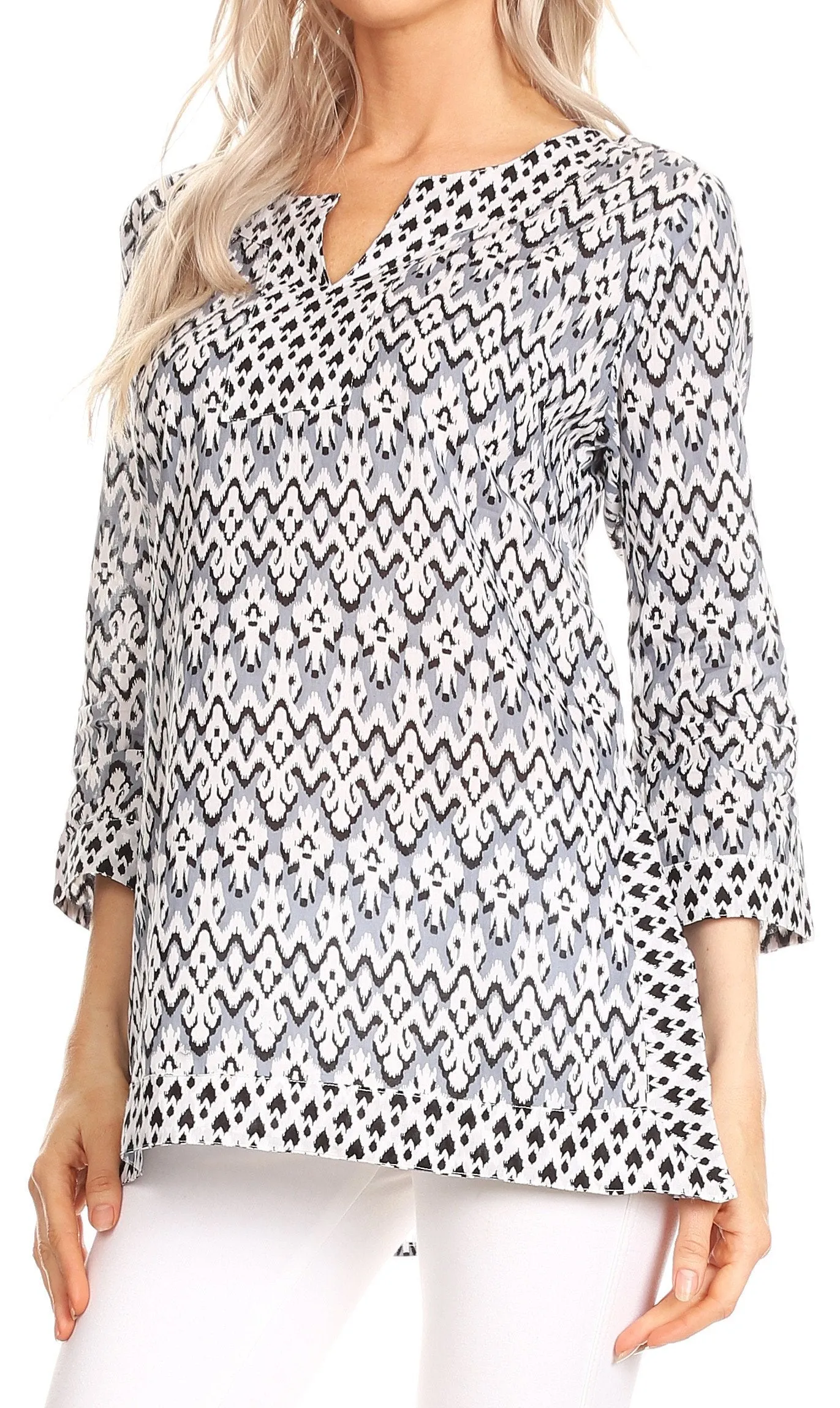 Sakkas Oana 3/4 Sleeve Split Neck Tribal Print Tunic