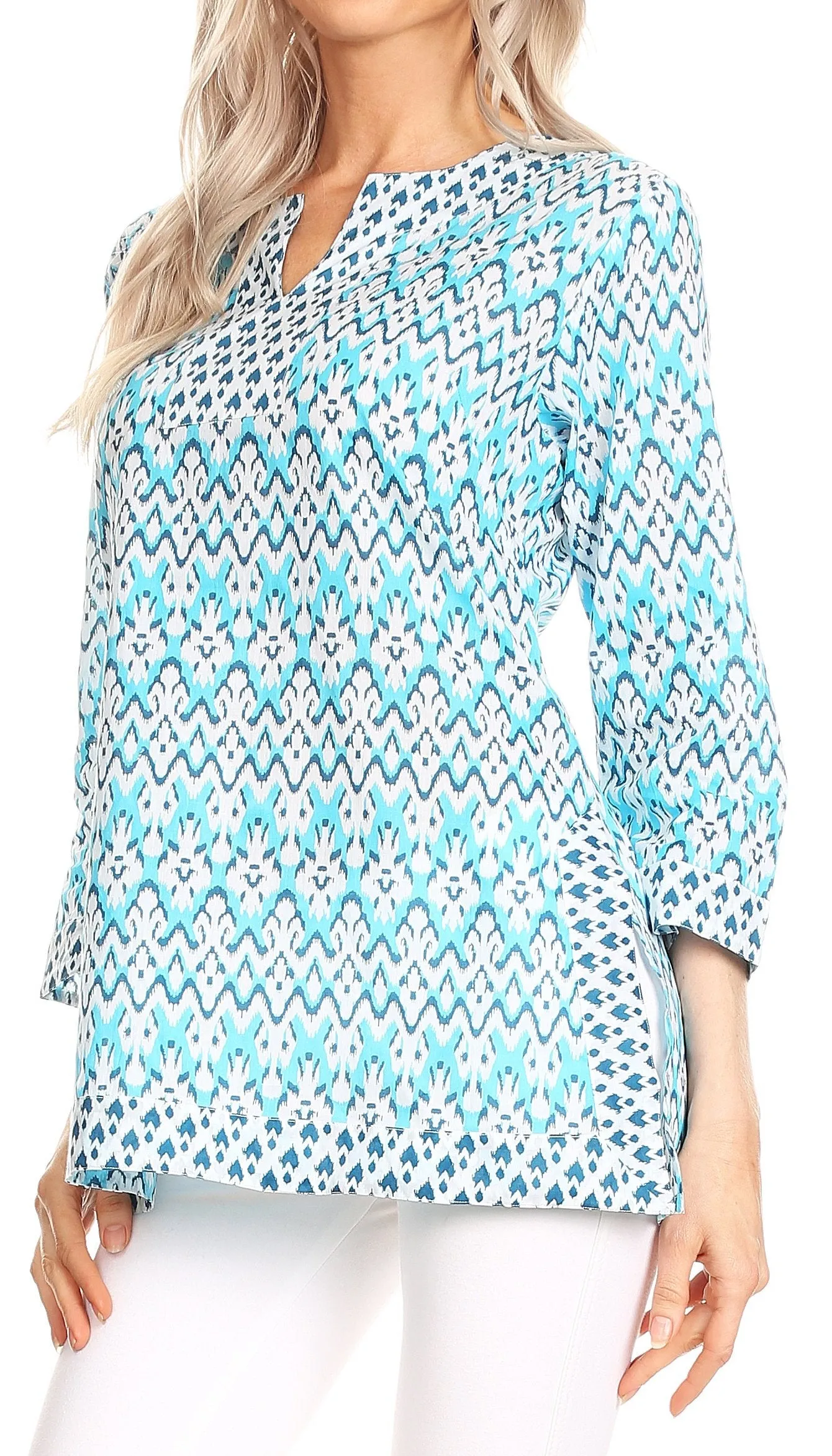 Sakkas Oana 3/4 Sleeve Split Neck Tribal Print Tunic