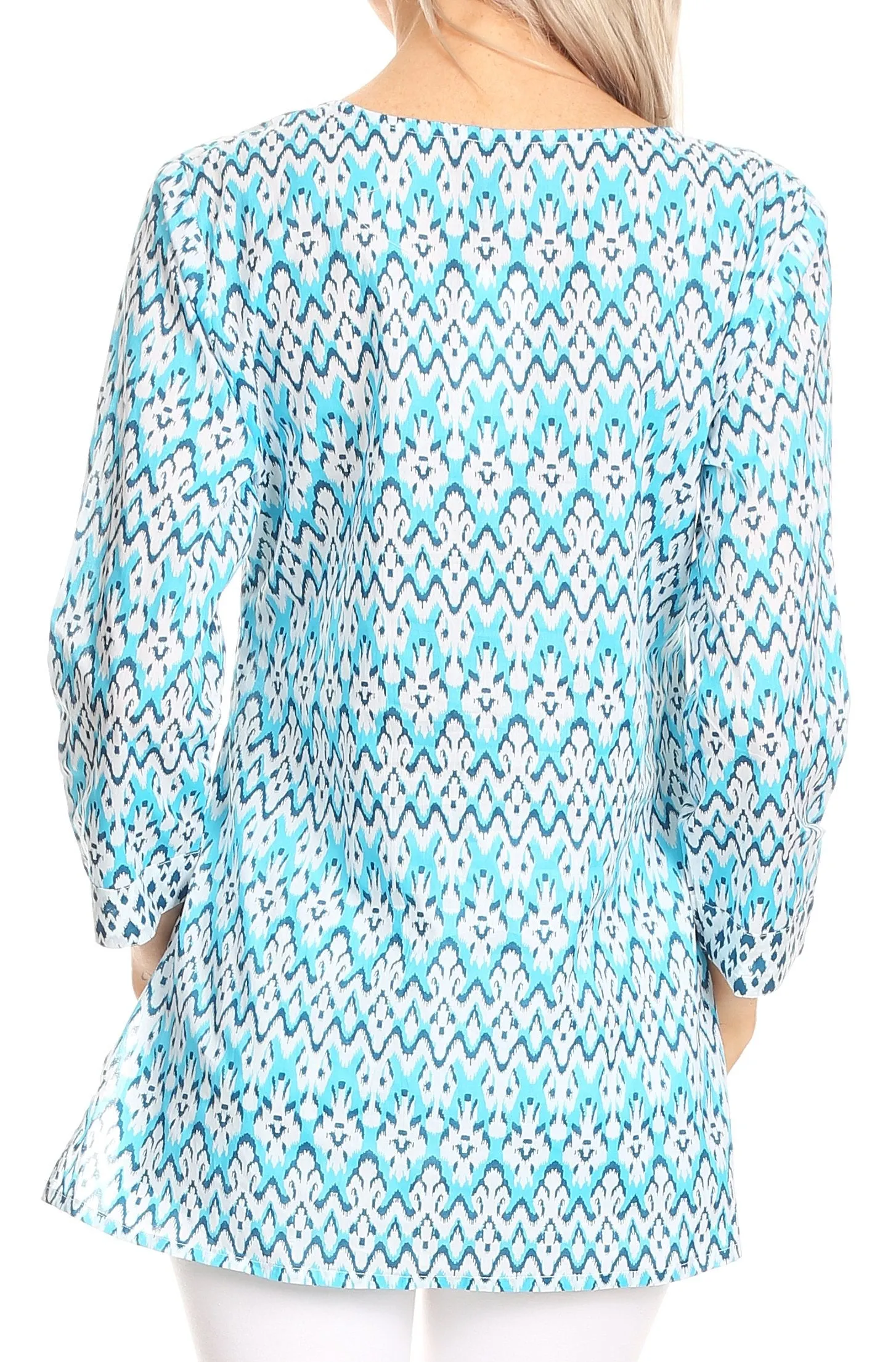 Sakkas Oana 3/4 Sleeve Split Neck Tribal Print Tunic