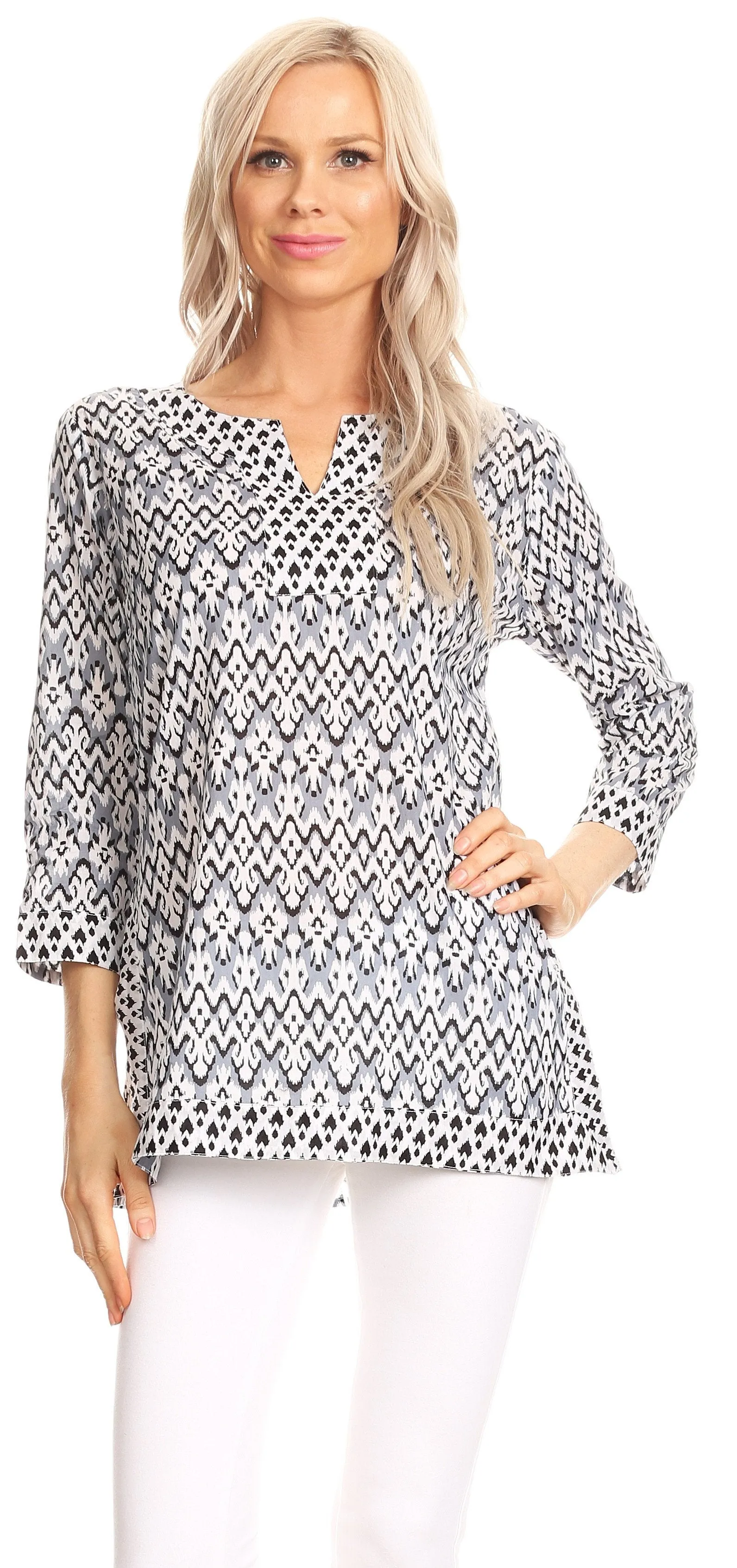 Sakkas Oana 3/4 Sleeve Split Neck Tribal Print Tunic