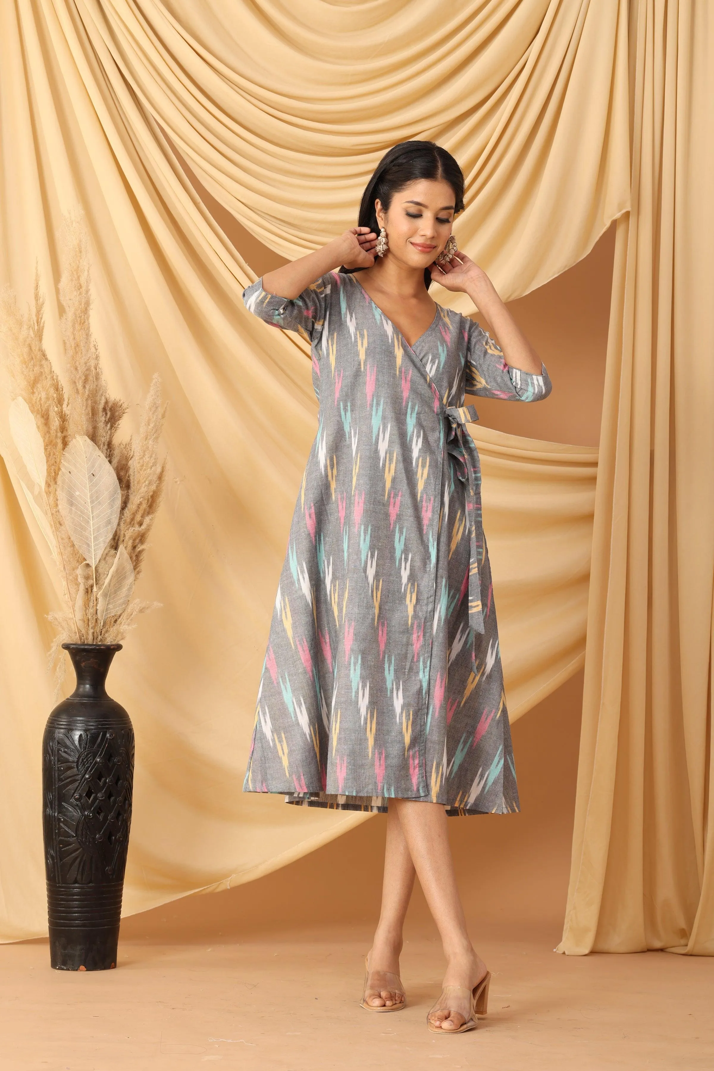 Sanchi Grey Ikkat Wrap Dress