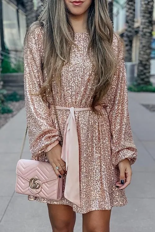 Sequin Belted Long Sleeve Mini Dress