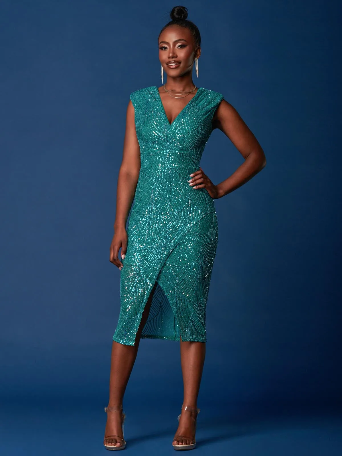 Sequin Wrap Slit Pencil Dress, Teal Multi