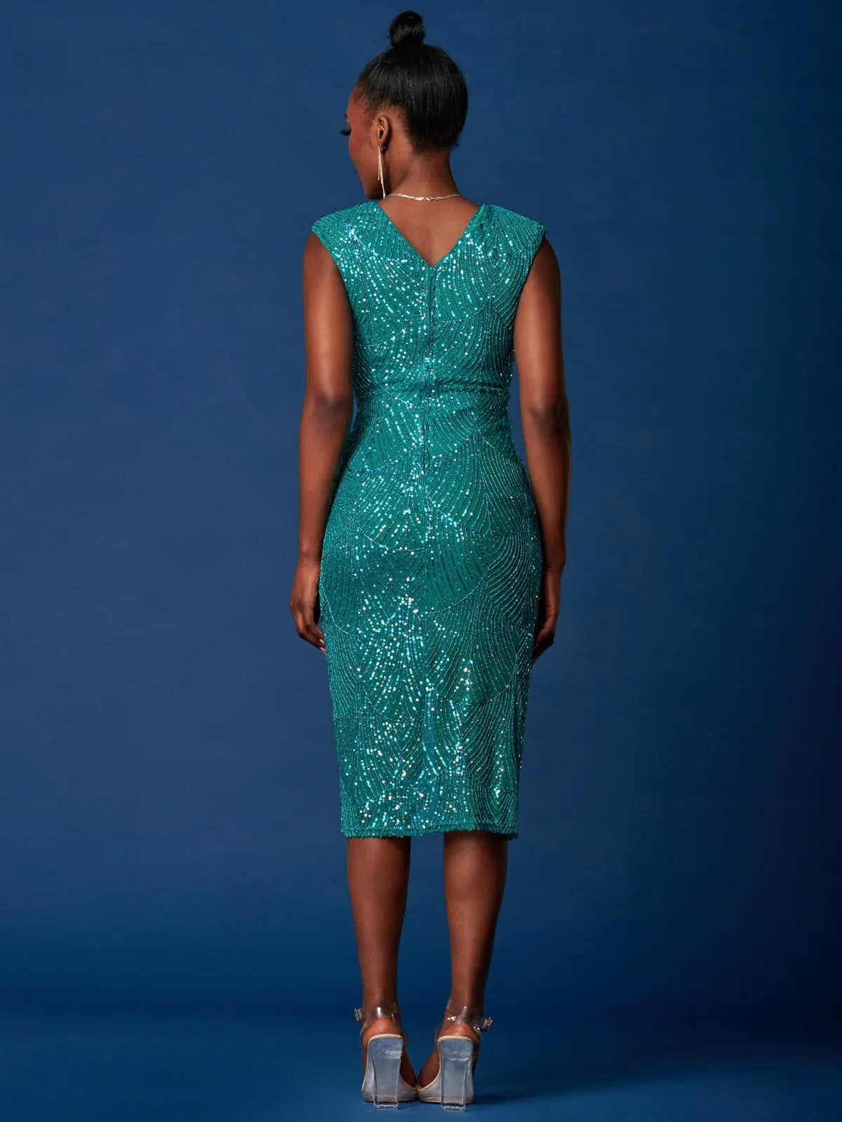 Sequin Wrap Slit Pencil Dress, Teal Multi