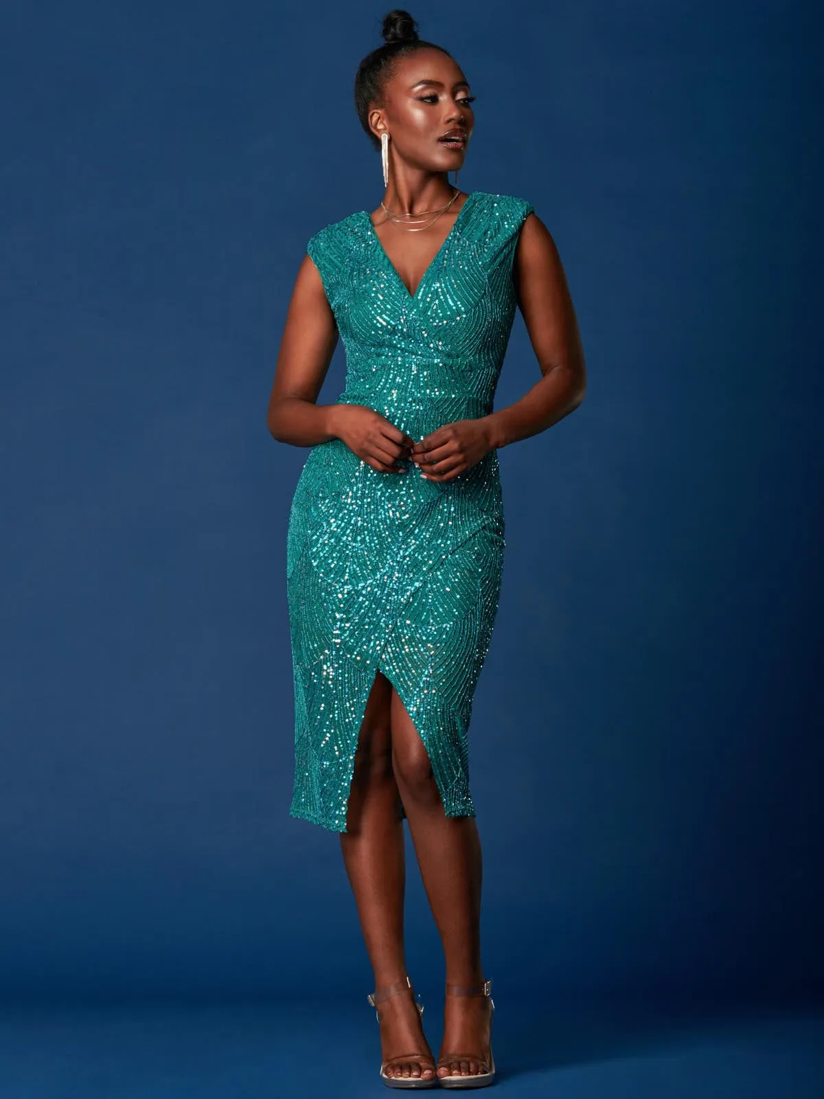 Sequin Wrap Slit Pencil Dress, Teal Multi