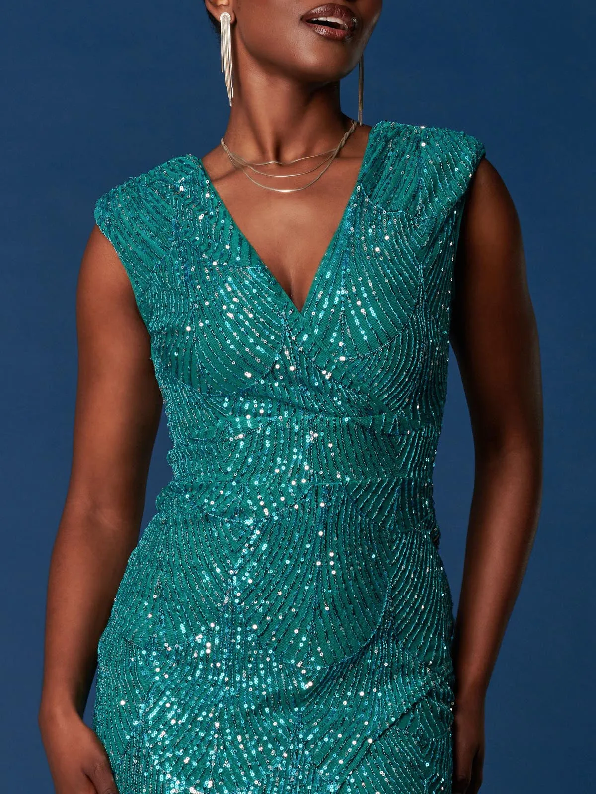 Sequin Wrap Slit Pencil Dress, Teal Multi