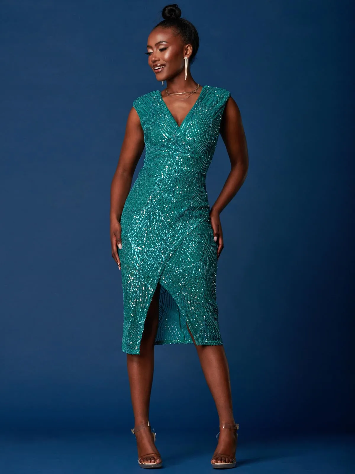 Sequin Wrap Slit Pencil Dress, Teal Multi