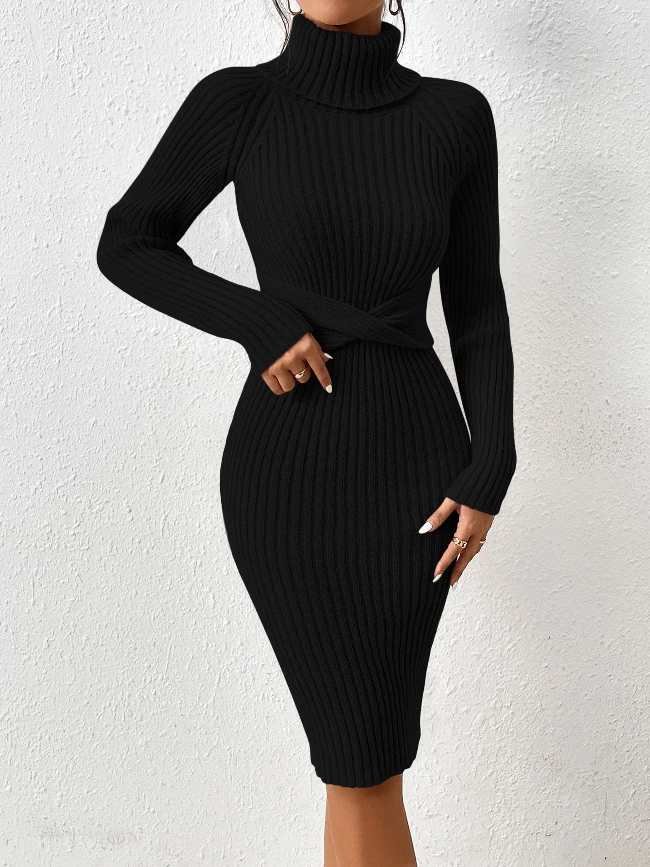 SHEIN Privé Turtleneck Raglan Sleeve Twist Front Sweater Dress