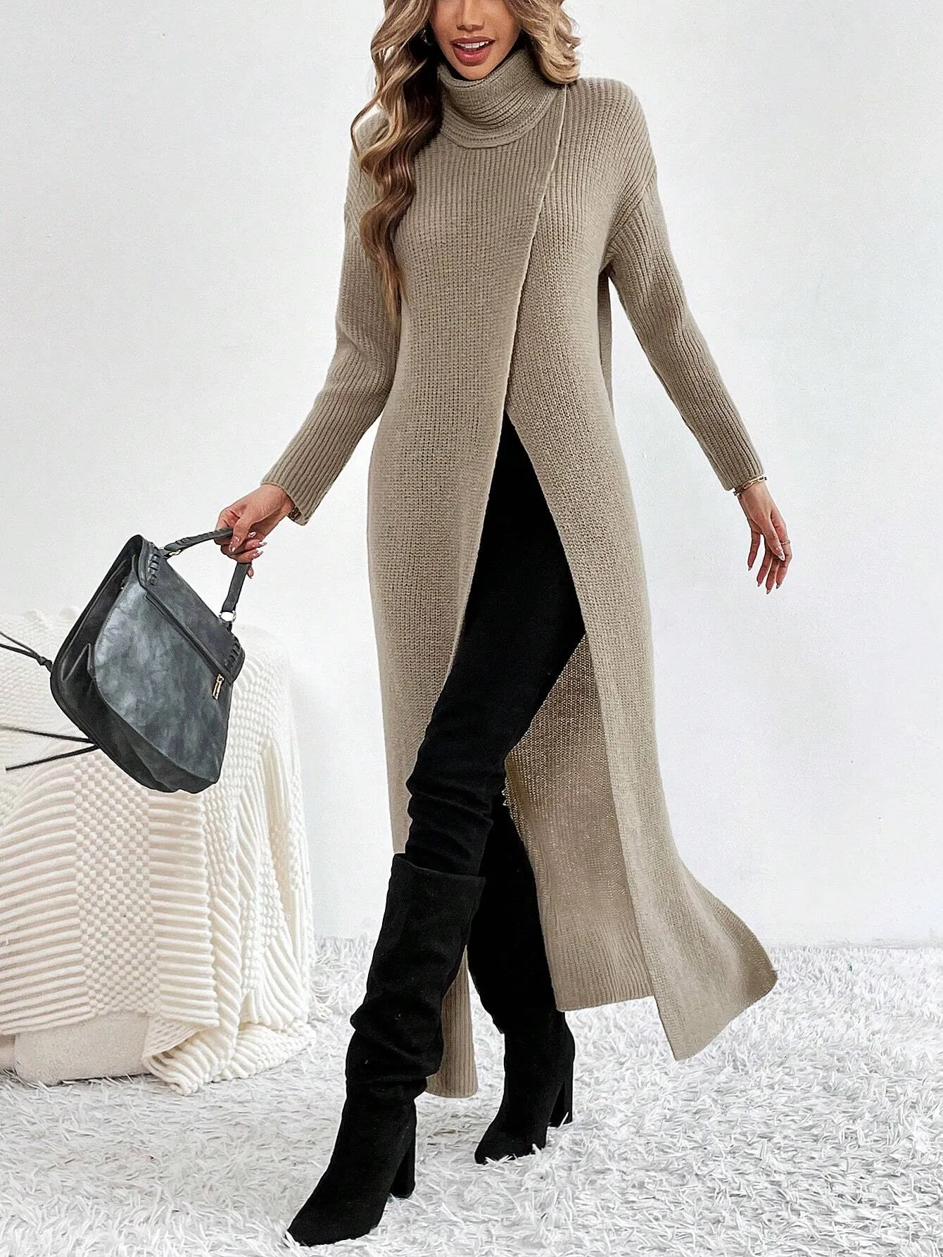 SHEIN Turtleneck Slit Dress, Long Sleeve Casual Party Club Dress, Elegant & Unique Design