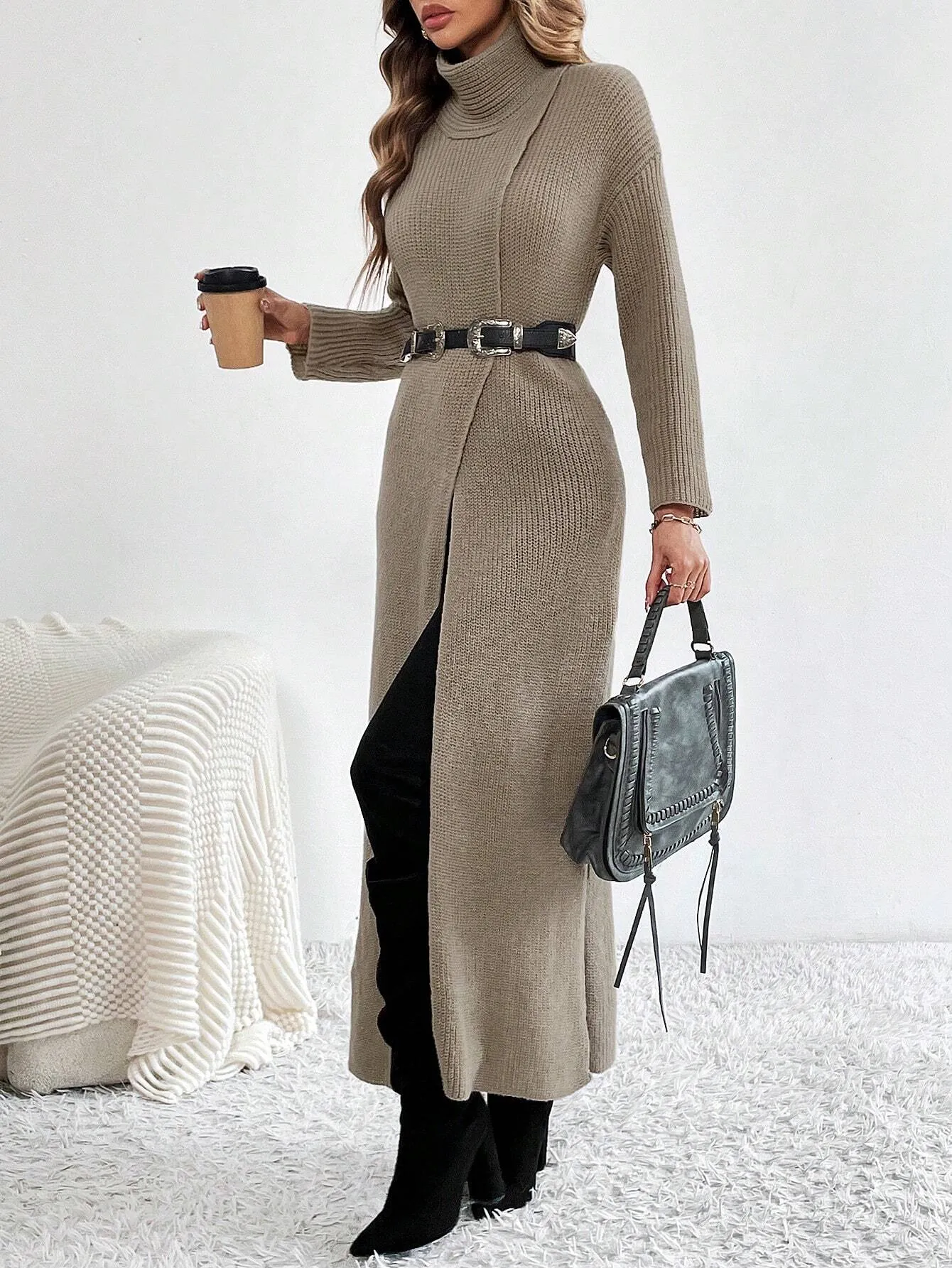 SHEIN Turtleneck Slit Dress, Long Sleeve Casual Party Club Dress, Elegant & Unique Design