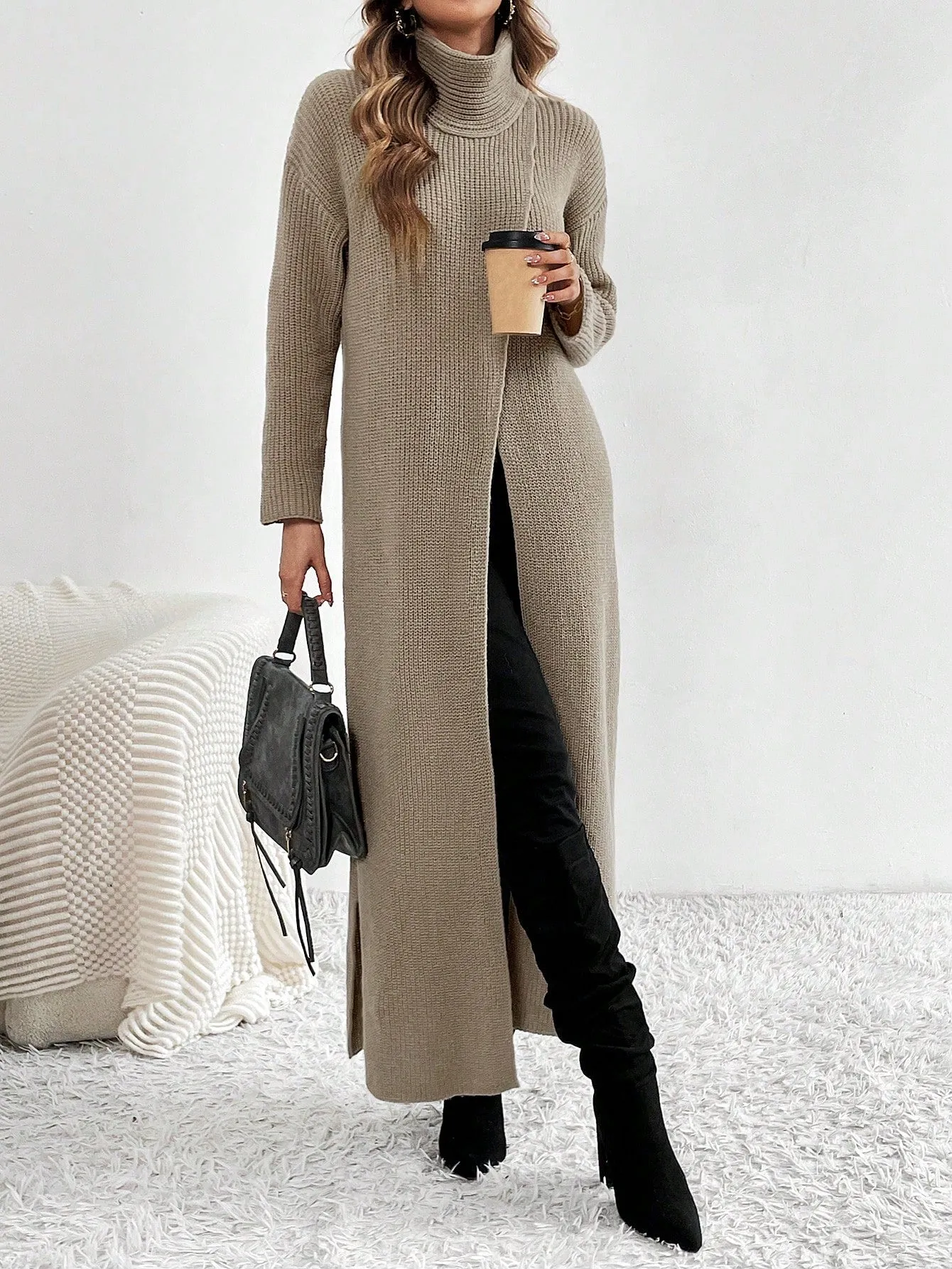 SHEIN Turtleneck Slit Dress, Long Sleeve Casual Party Club Dress, Elegant & Unique Design