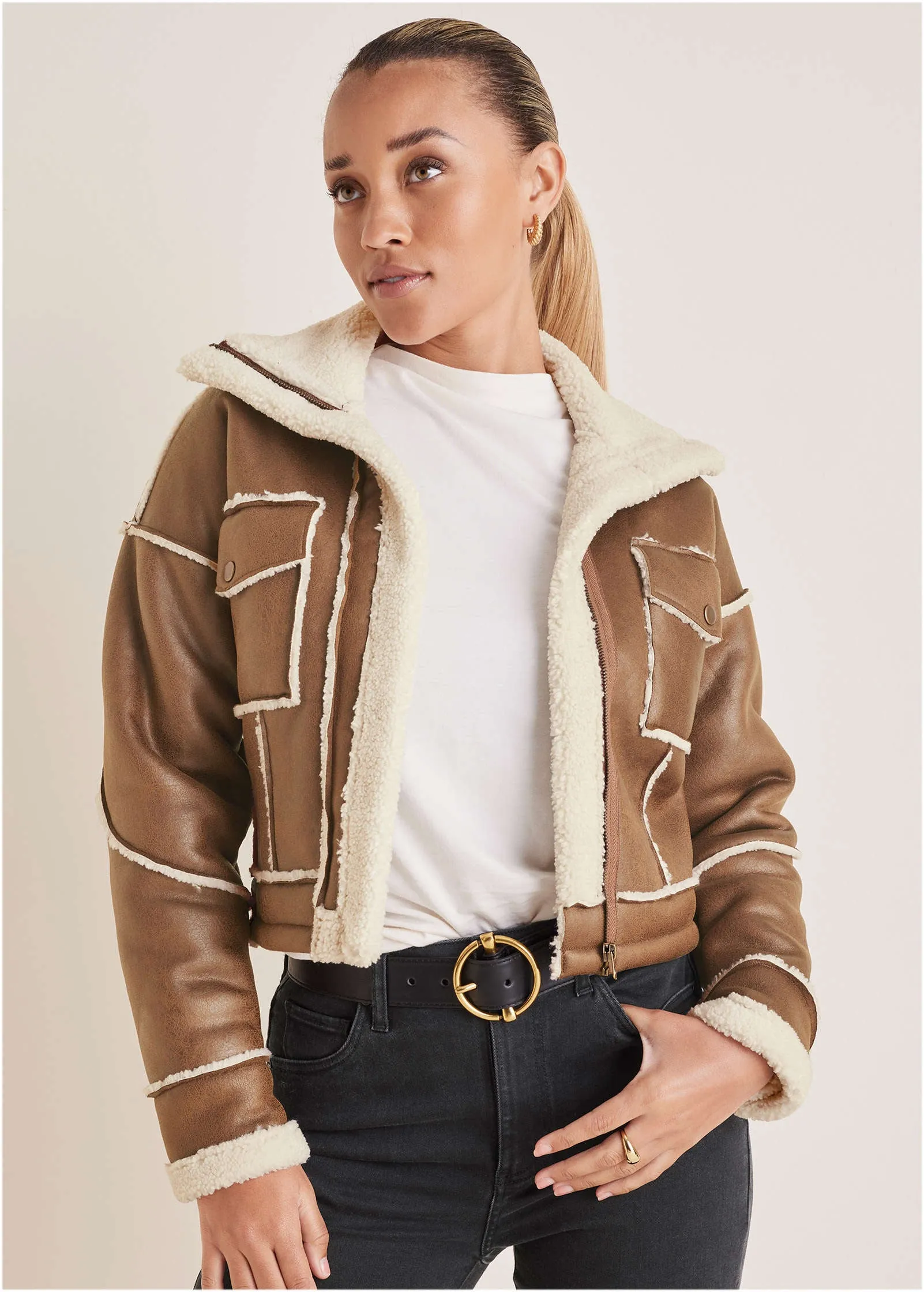 Sherpa Trim Coat - Tan