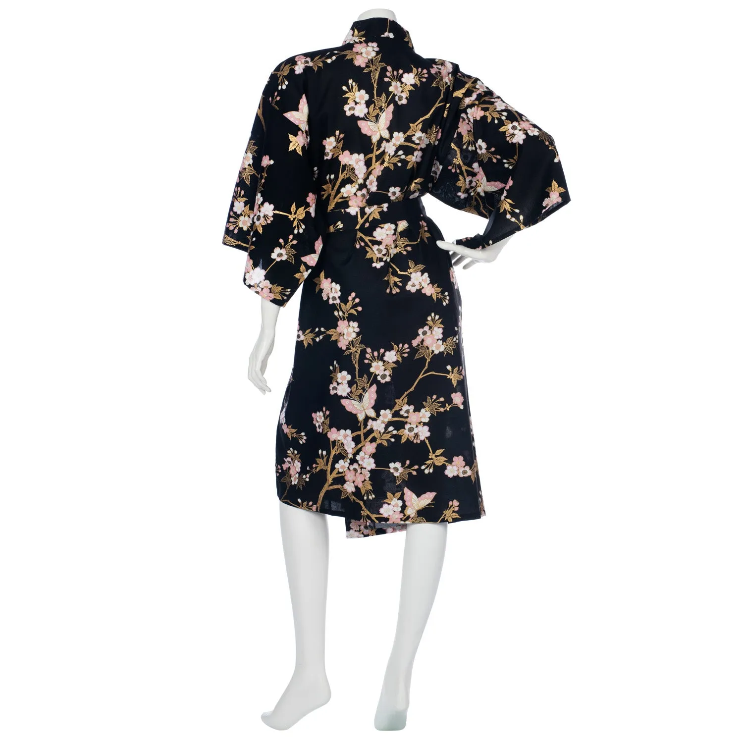 Short Black and Pink Cherry Blossom Japanese Kimono