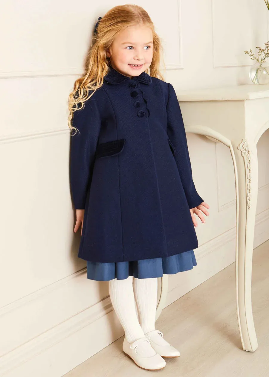 Single Breasted Scallop Detail Coat In Navy (12mths-10yrs)