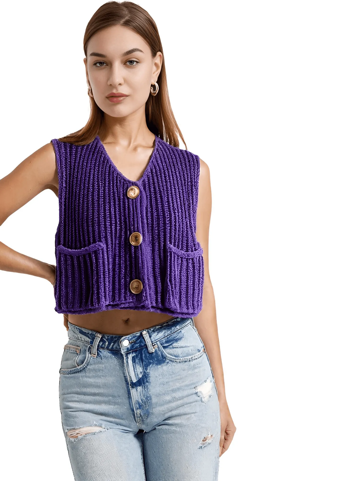 Sleeveless Crop Sweater Vest Solid Loose Casual Sweater Vest Cable Knit Sweater Vest For Women