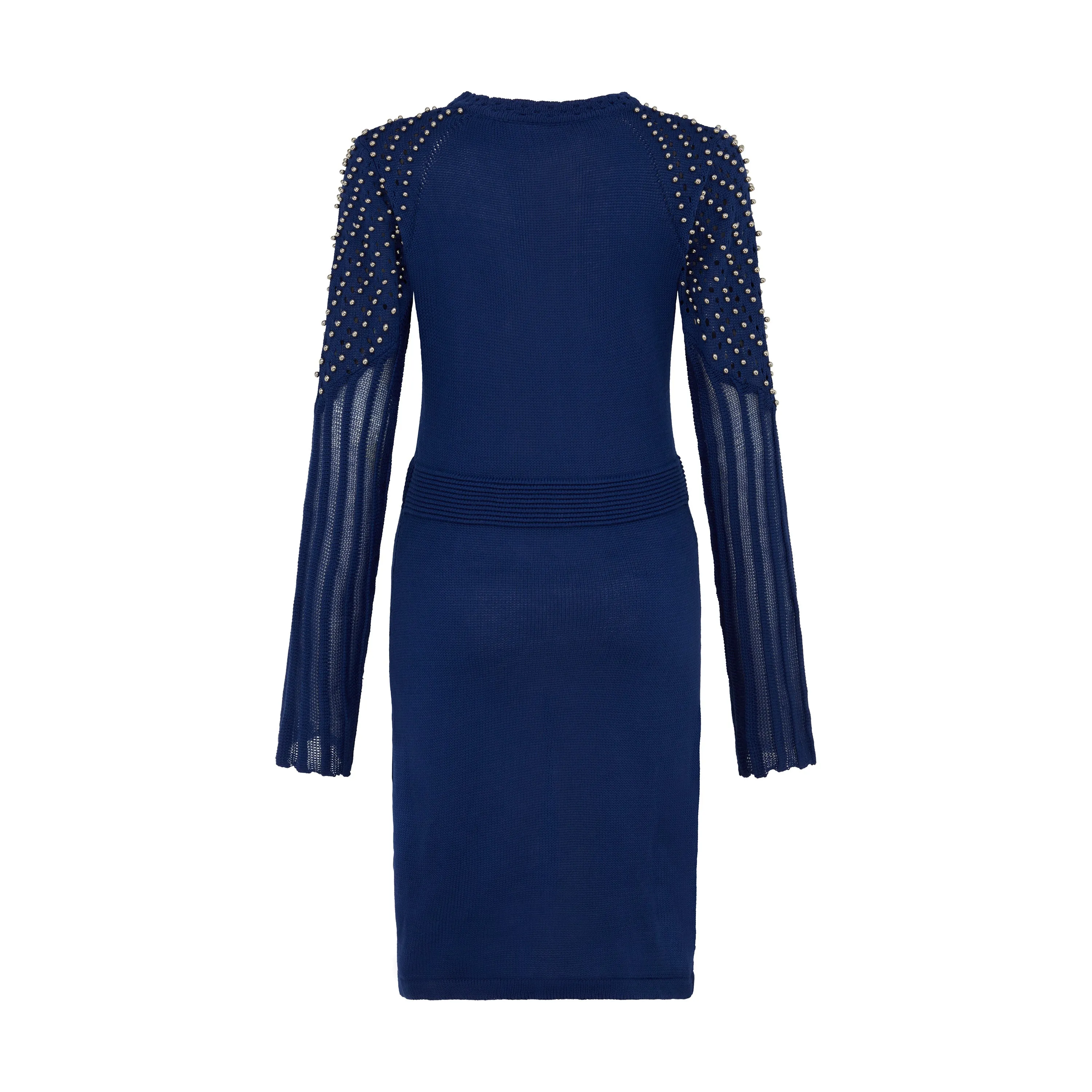 Studded Sheer Knit Mini Jumper Dress in Midnight Blue