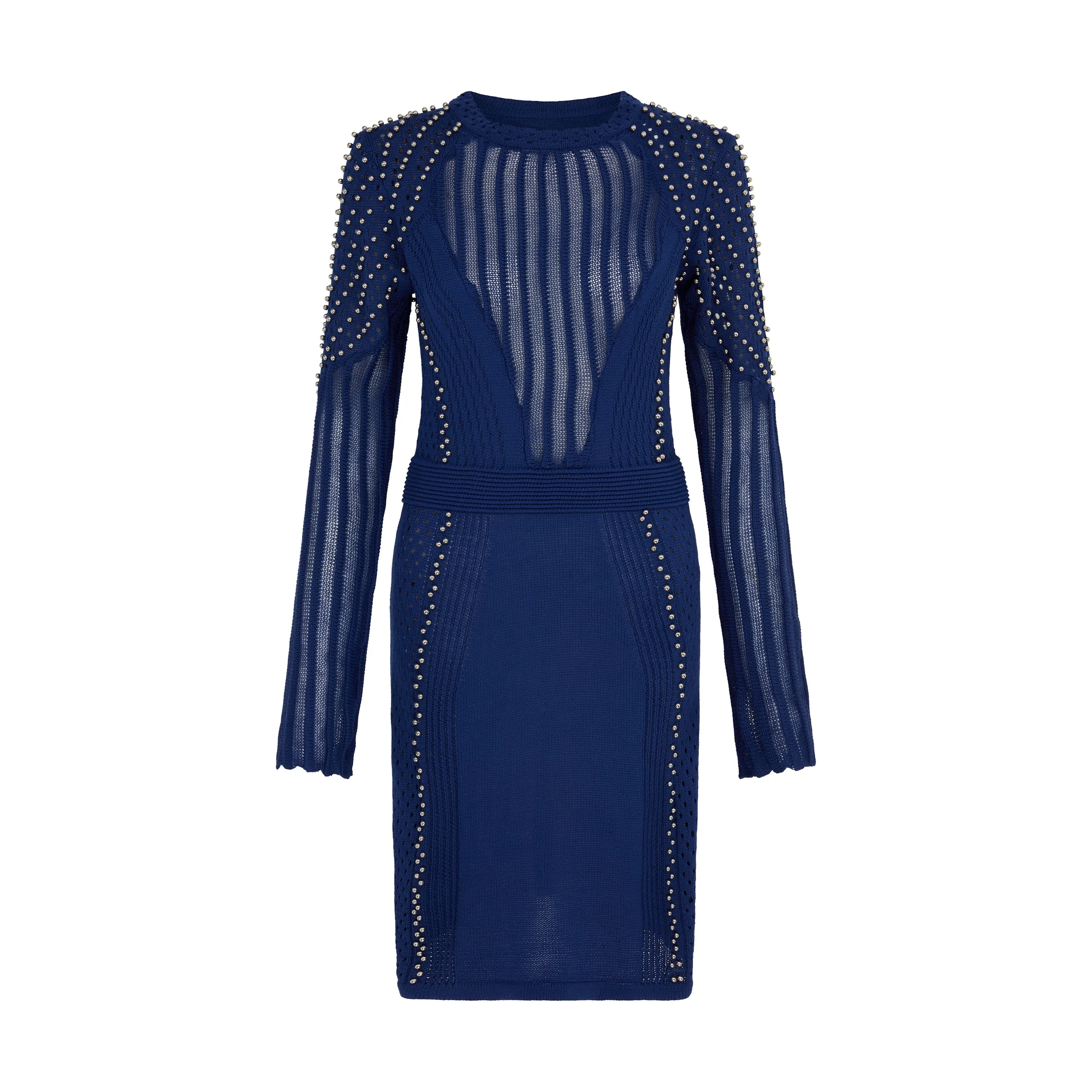 Studded Sheer Knit Mini Jumper Dress in Midnight Blue