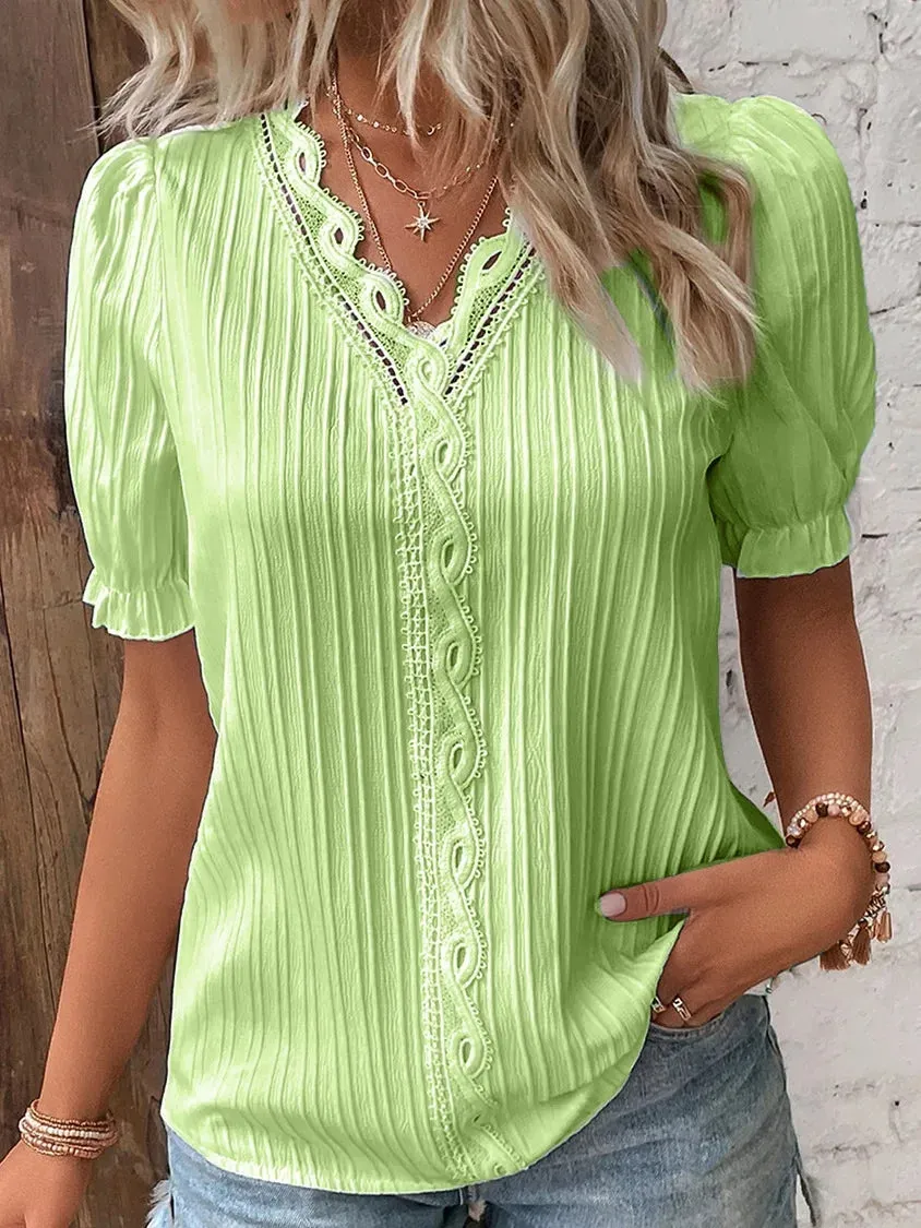 Summer Puff Sleeve Sweater with Hollow-out Design - Moda Blouse