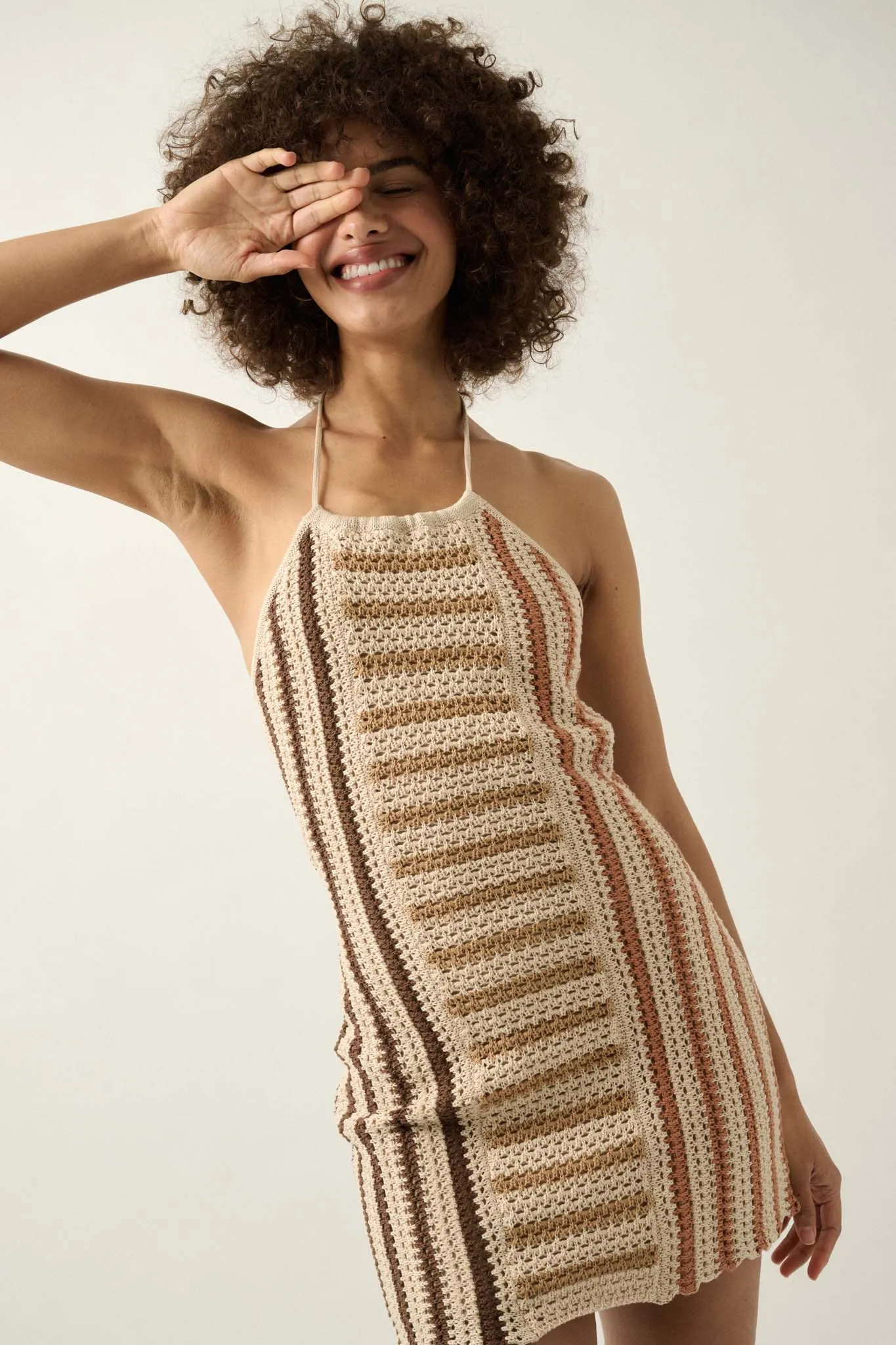 Surf's Up Striped Crochet Knit Halter Sweater Dress