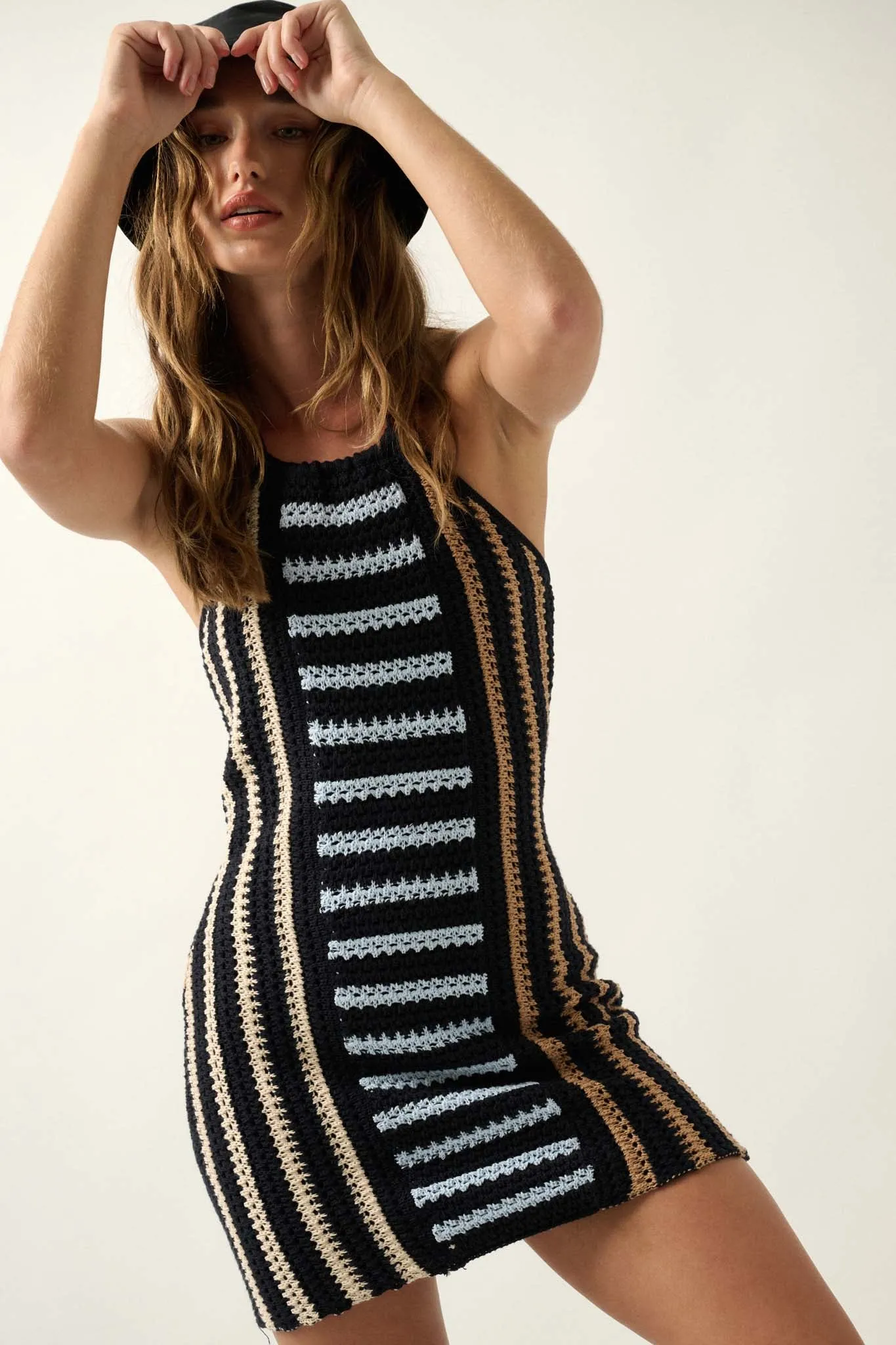 Surf's Up Striped Crochet Knit Halter Sweater Dress