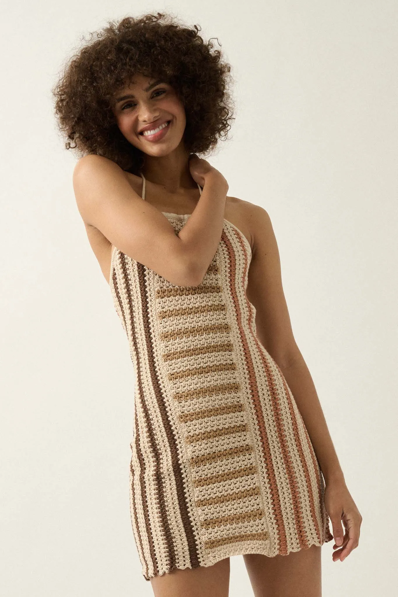 Surf's Up Striped Crochet Knit Halter Sweater Dress